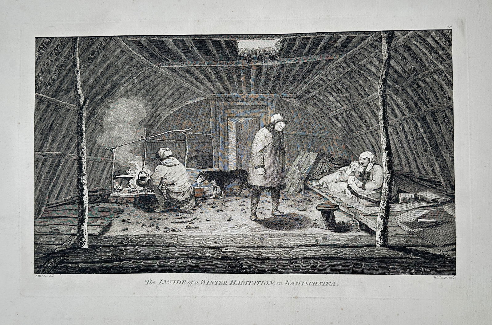 John Webber (1751–1793) – The Inside of a Winter Habitation, in Kamtschatka – Engraving: This engraving is a detailed ethnographic illustration titled The Inside of a Winter Habitation, in Kamtschatka (Kamchatka). The image provides a rare glimpse into the interior of a traditional semi-s