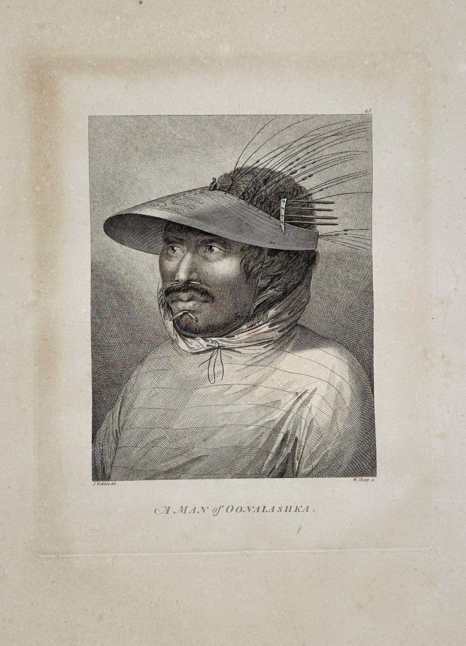 John Webber (1751–1793) – A Man of Oonalashka – Engraving (1784–1788): This engraving is a detailed ethnographic portrait titled A Man of Oonalashka (Unalaska). It depicts a male Indigenous person, Aleut, from Unalaska Island in the Aleutian chain, Alaska. The subject is