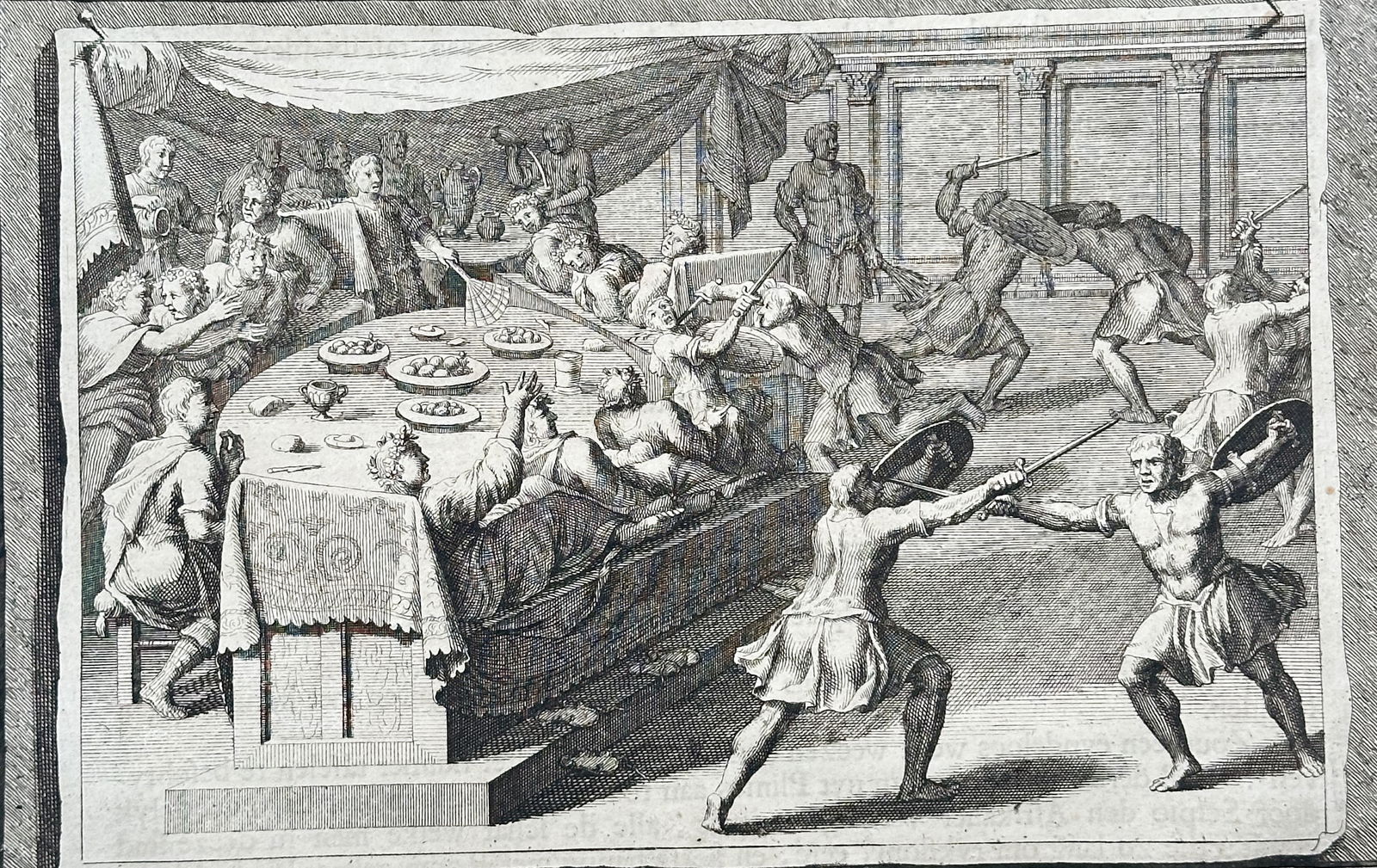 Jan Goeree (1670–1731) – Roman Dining Habits – Engraving (circa 1705–1710): This print is a detailed historical illustration depicting a scene of Roman dining habits, set within an interior space. The image shows several figures reclining on couches (triclinium) around a low