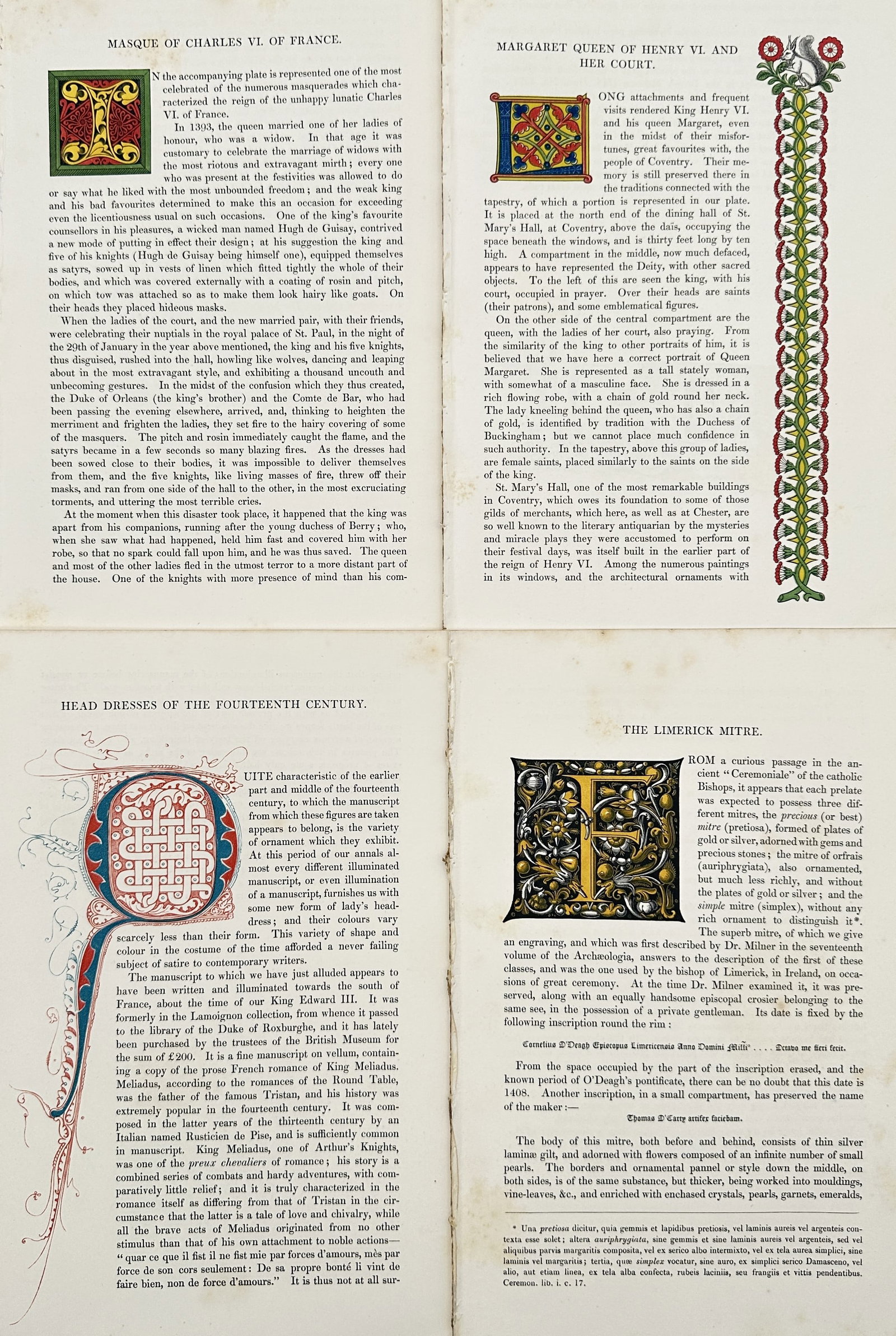 Henry Shaw (1800–1873) – Set of 4: Illuminated Titles and Text from Dresses and Decorations: This set of four chromolithographs and accompanying text leaves originates from Henry Shaw's seminal work on medieval art and dress, featuring richly illuminated initial letters and decorative borders