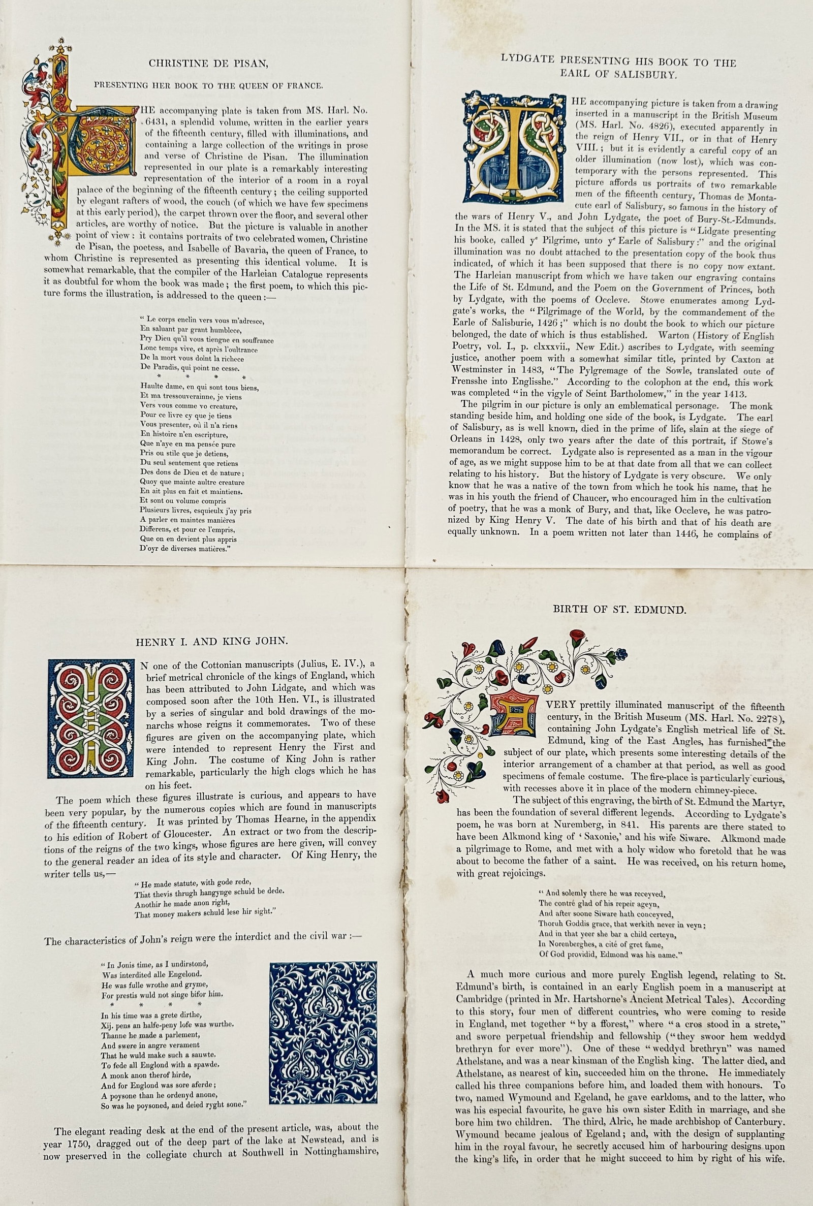 Henry Shaw (1800–1873) – Set of 4: Dresses of the Middle Ages – Chromolithograph (1840): This set of four chromolithographs and accompanying text leaves originates from Henry Shaw's seminal work on medieval art and dress, featuring richly illuminated initial letters and decorative borders