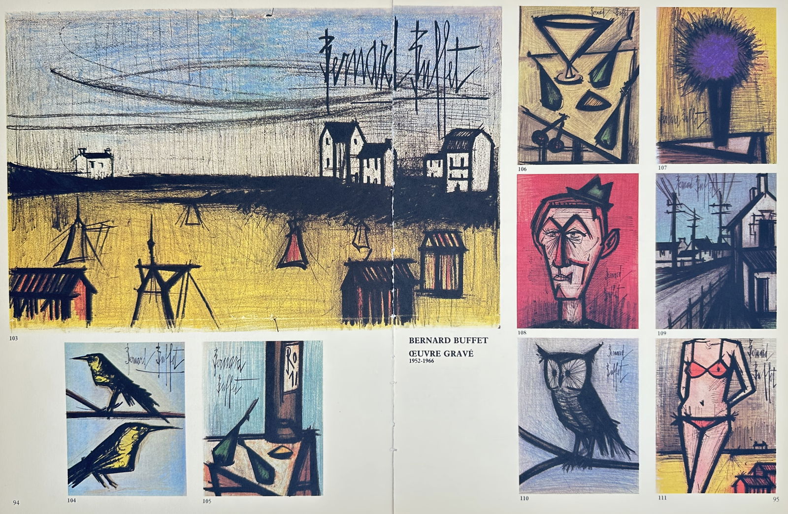 Bernard Buffet (1928–1999) – Illustrations from Œuvre Gravée (Various Subjects) – Offset: This offset print is a page reproducing nine different examples of Bernard Buffet's graphic work, originally created between 1952 and 1966 for his Œuvre Gravée (Engraved Work). The subjects cover th