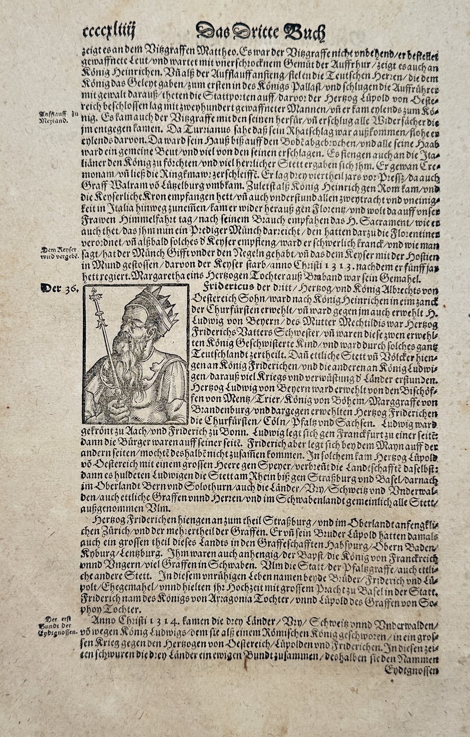 Sebastian Münster (1488–1552) – Das Dritte Buch (The Third Book) – Woodcut and Letterpress: This leaf from Sebastian Münster's major work, the Cosmographia, features letterpress text in German with a large decorated initial, and a small woodcut illustration of a king or mythological figure�