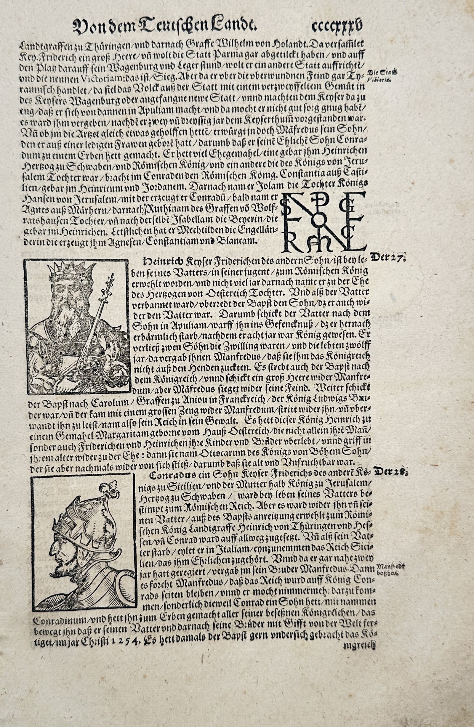 Sebastian Münster (1488–1552) – Of the German Land – Woodcut and Letterpress Text (1550s): This leaf from Sebastian Münster's major work, the Cosmographia, features extensive letterpress text in German, titled Von dem Teutschen Lande (Of the German Land), detailing historical and political