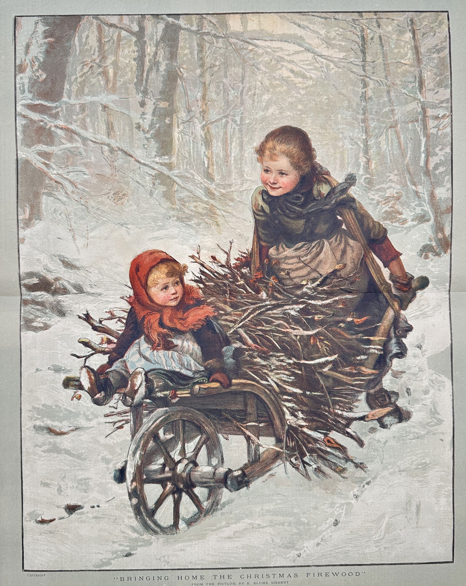 The Graphic – Bringing Home the Christmas Firewood – Wood engraving (19th Century) (1 of 3)