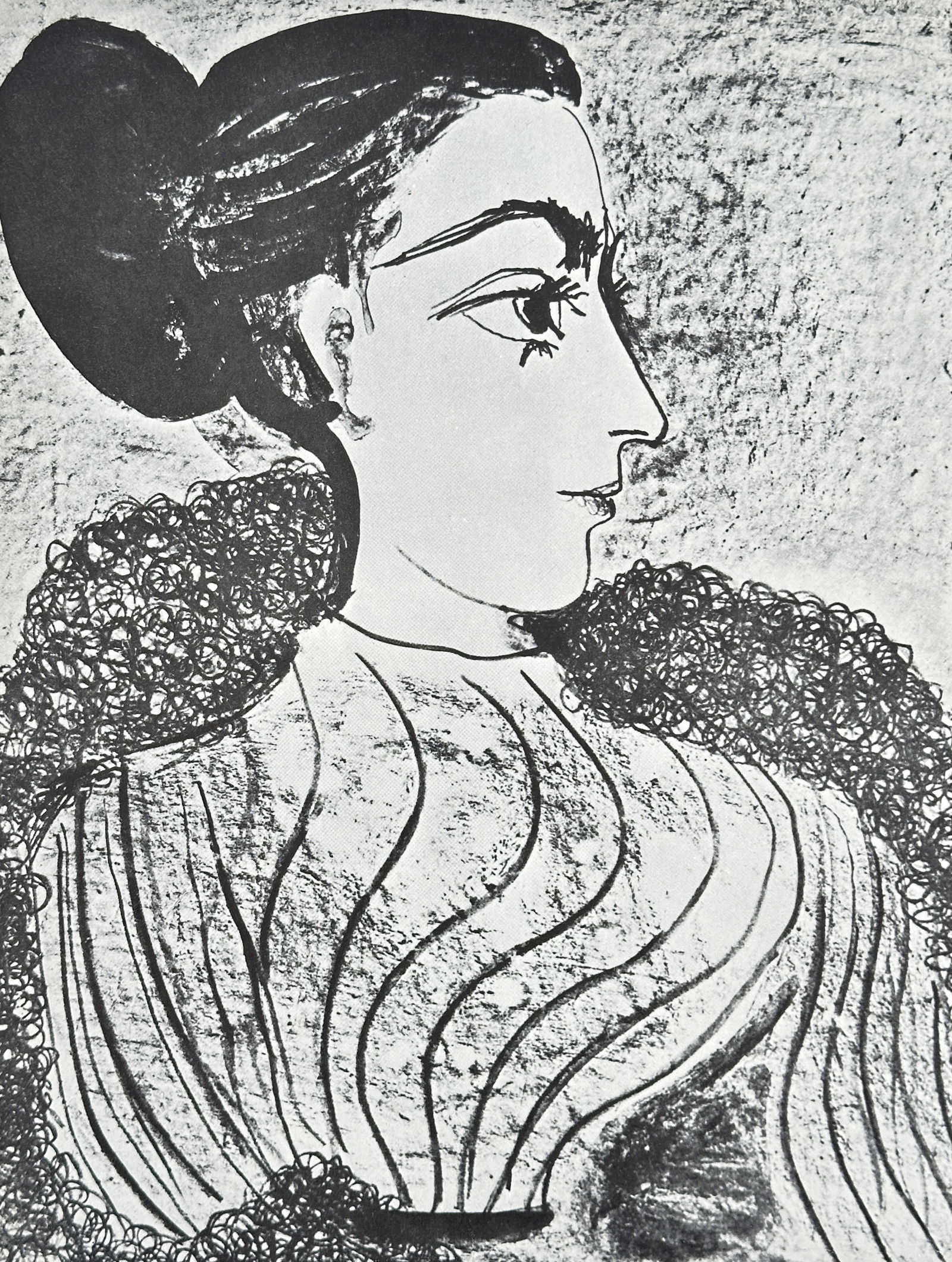 Pablo Picasso (1881–1973) – Woman with a Bun – Offset print (20th Century): This Offset print is Pablo Picasso's work, titled Woman with a Bun and dated December 1957. The black and white image depicts a woman in profile, characterized by her smooth facial features, striking
