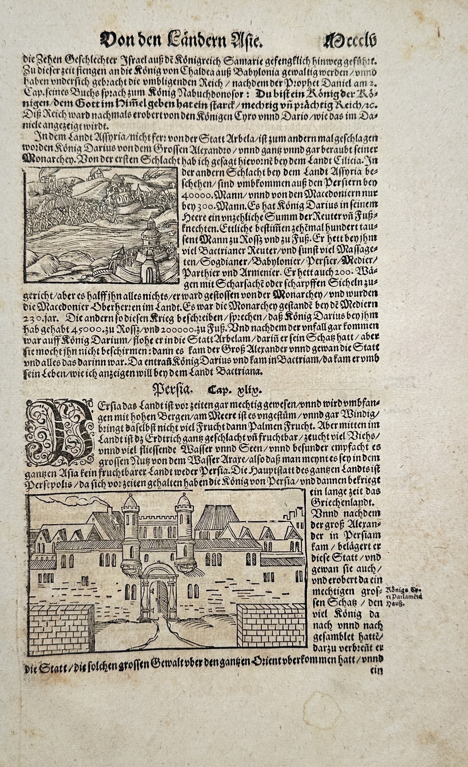 Sebastian Münster (1488–1552) – On the Ancient Limes – Woodcut and Letterpress Text (1550s): This woodcut and letterpress text leaf from Sebastian Münster's monumental work, the Cosmographia, features extensive letterpress text in German, titled Von den Linden Altes (On the Ancient Limes), d