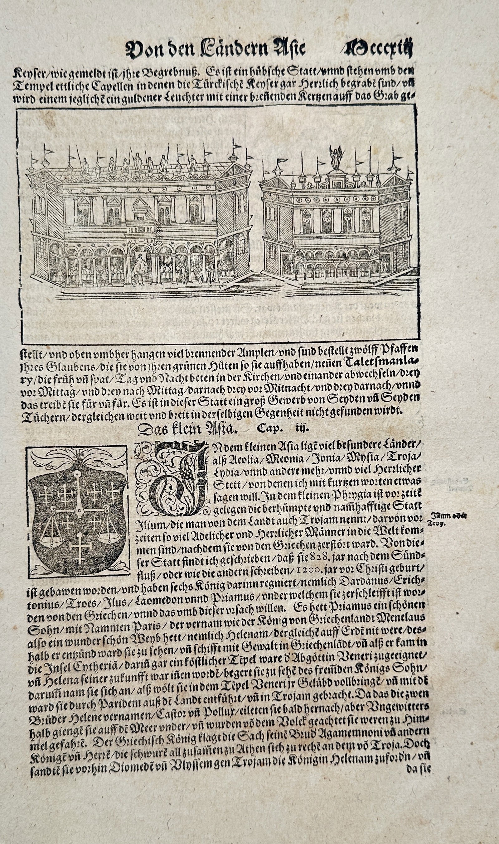 Sebastian Münster (1488–1552) – The Sepulcher of the Kings of Jerusalem – Woodcut: This woodcut and letterpress text leaf from Sebastian Münster's monumental work, the Cosmographia, features extensive letterpress text in German, titled Von den Ländern Asiae (Of the Lands of Asia),