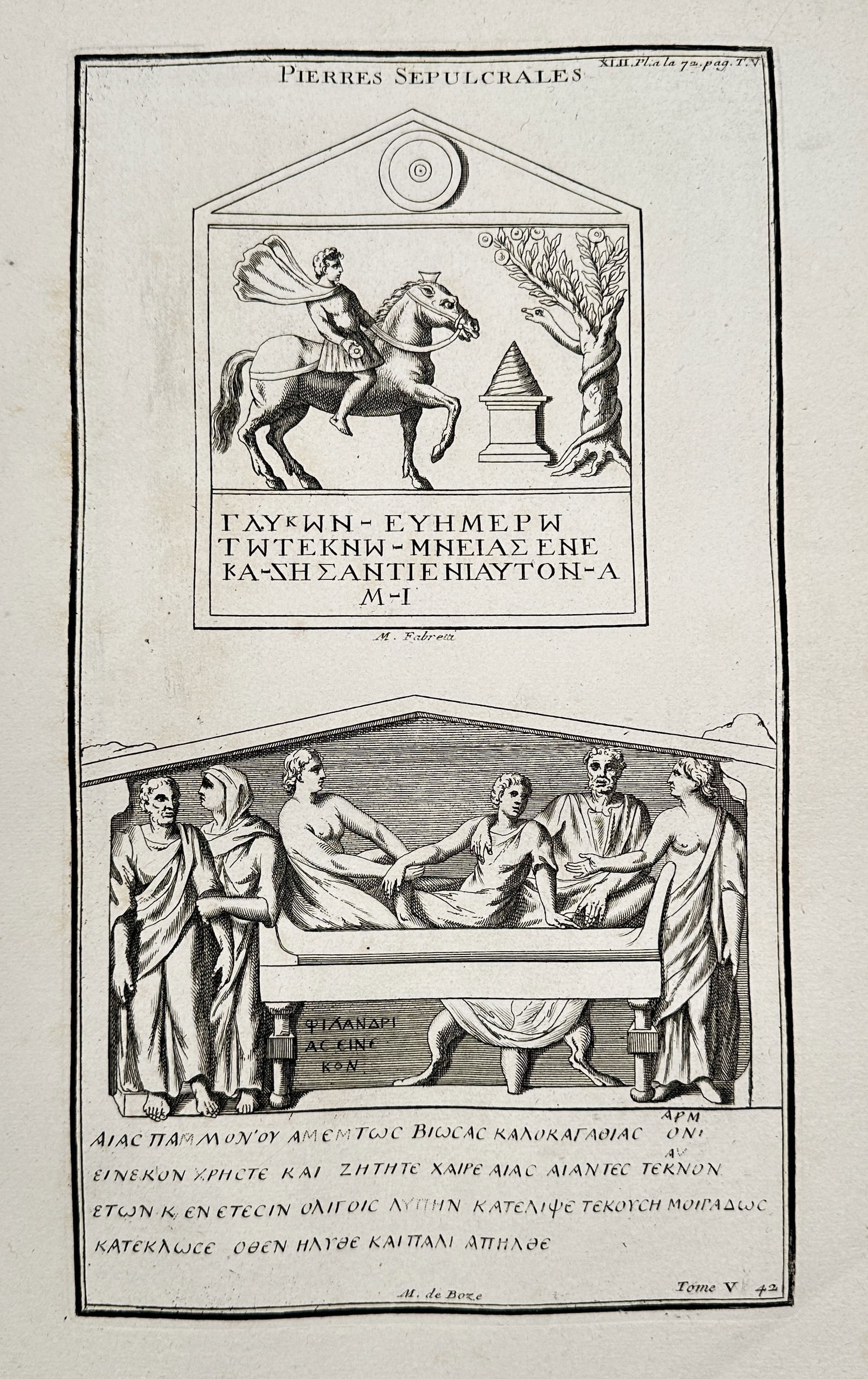 Bernard de Montfaucon (1655–1741) – Sepulchral Stones – Copper engraving (1719) (1 of 2)