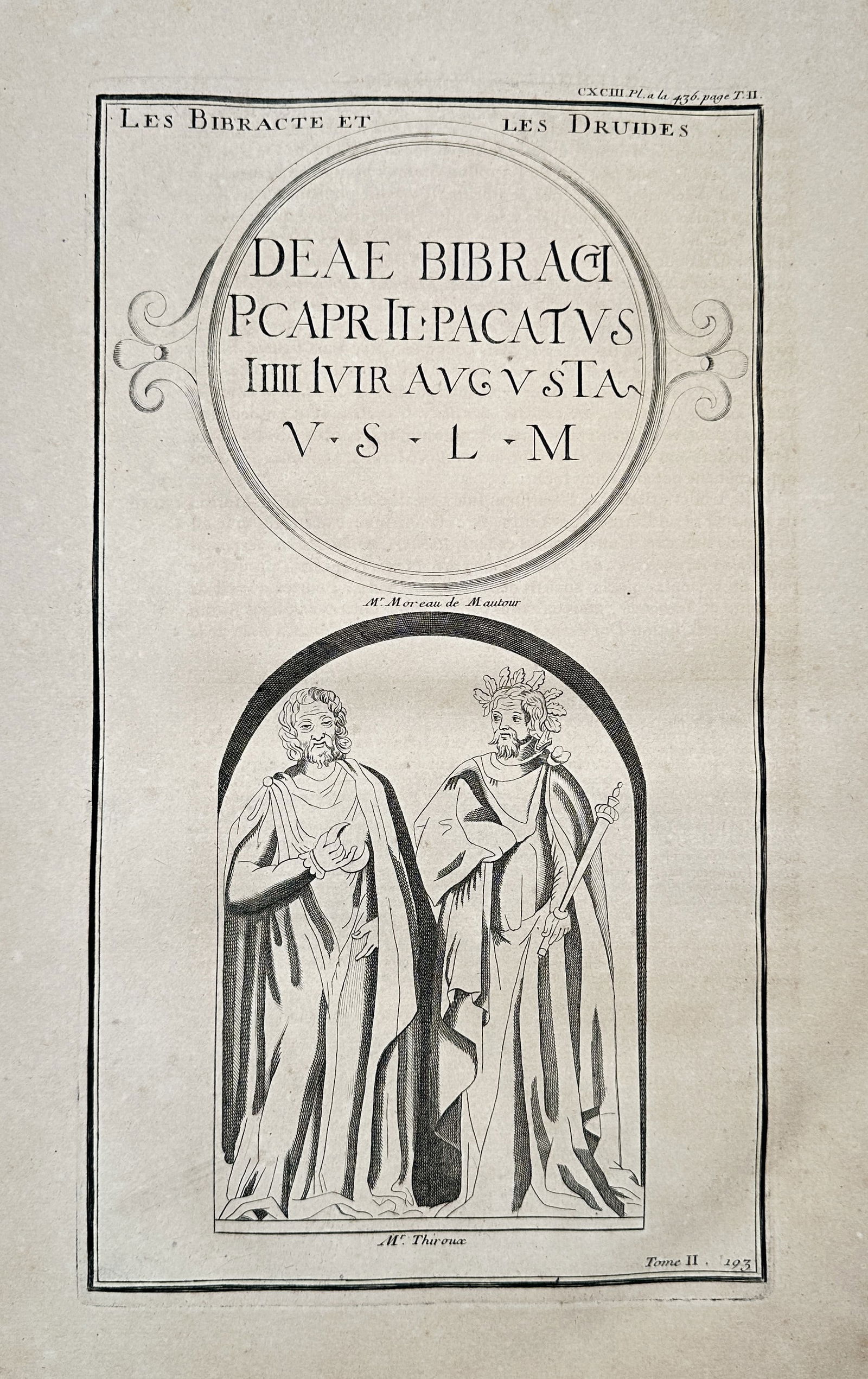 Bernard de Montfaucon (1655–1741) – The Bibracte and the Druids – Copper engraving (1719): This copper engraving depicts a Latin inscription related to Bibracte above a representation of two Druids, published in the work Antiquity Explained and Represented in Figures. Bernard de Montfaucon