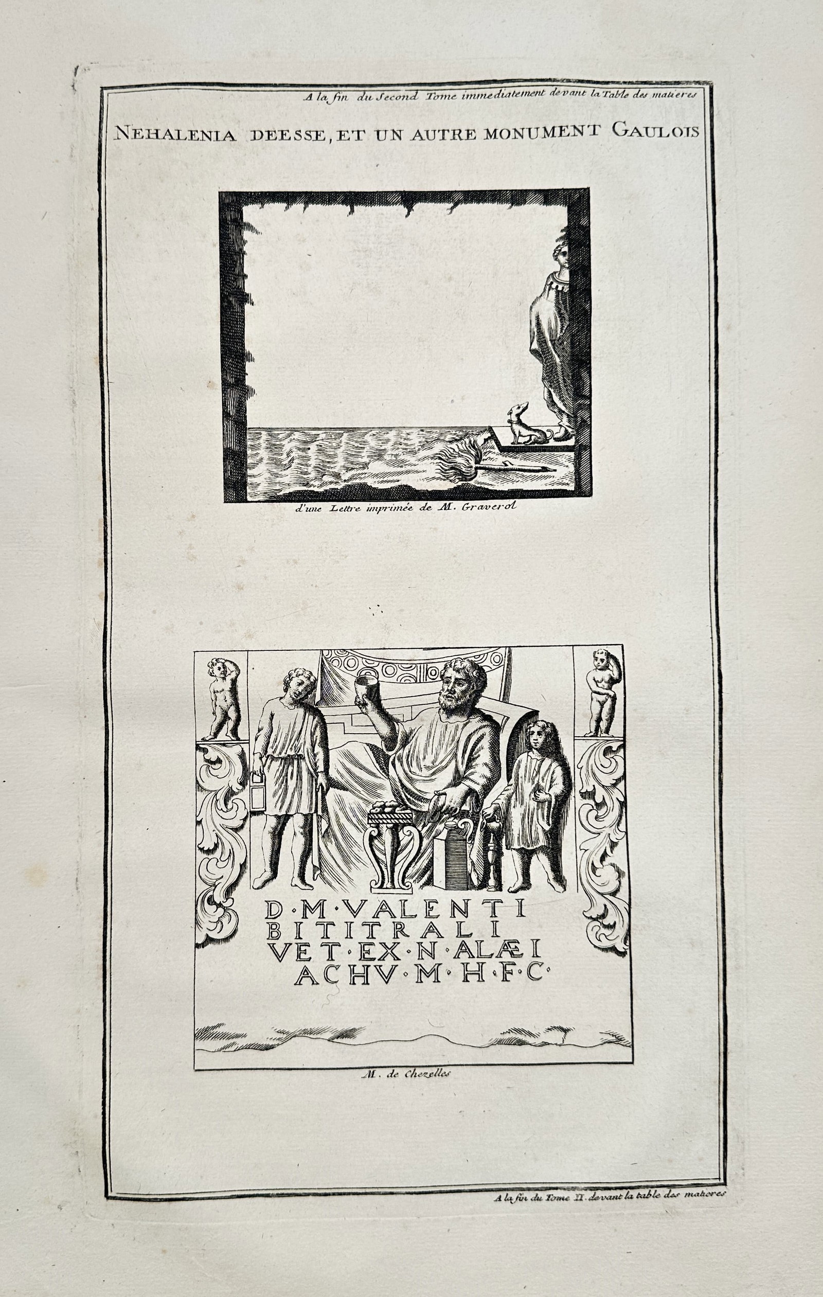 Bernard de Montfaucon (1655–1741) – Nehalennia Goddess, and Another Gallic Monument: This copper engraving depicts a monument to the goddess Nehalennia and another Gallic monument with a family relief and Latin inscription, published in the work Antiquity Explained and Represented in 
