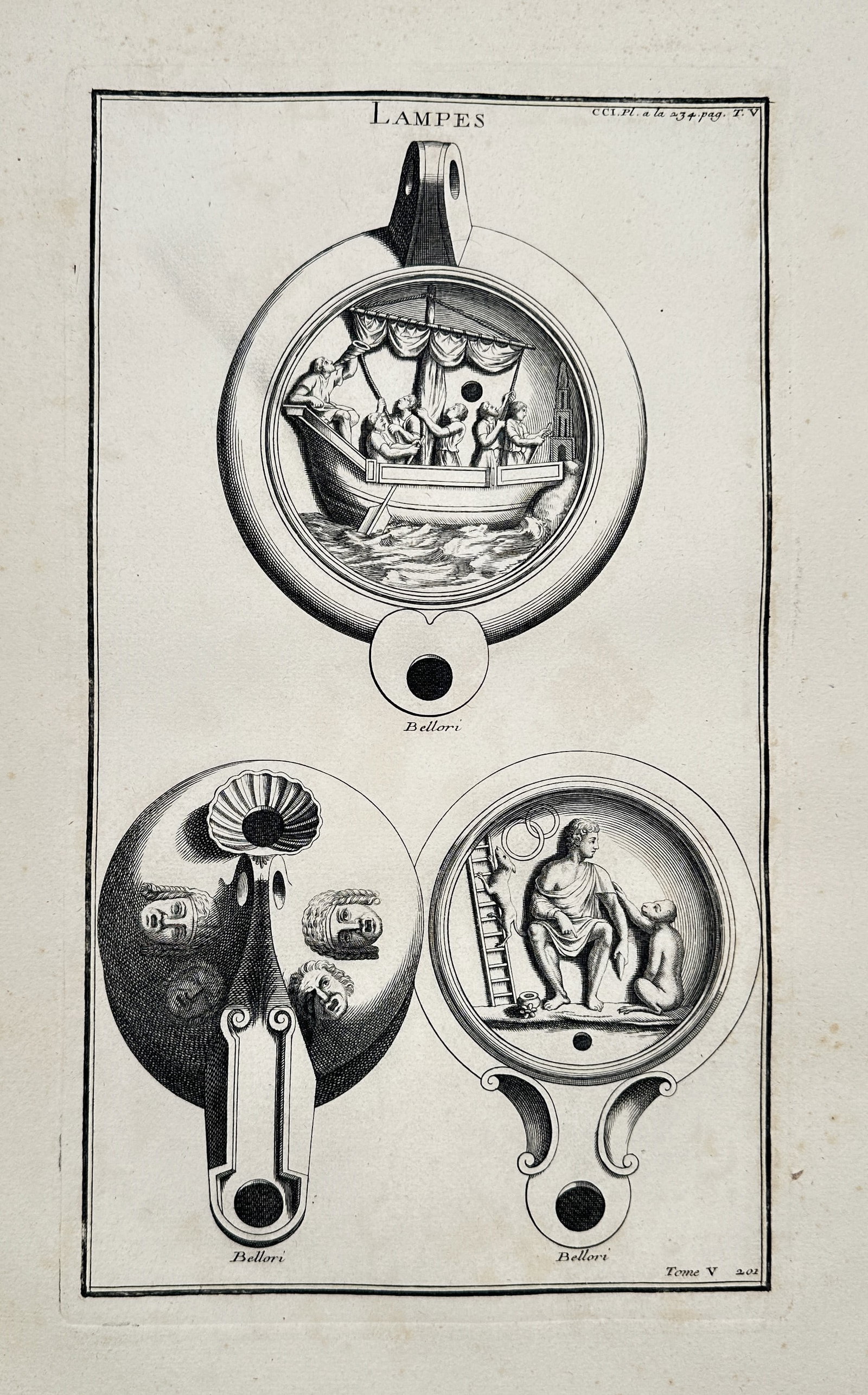Bernard de Montfaucon (1655–1741) – Lamps – Copper engraving (1719): This copper engraving depicts several ancient oil lamps with decorative reliefs, published in the work Antiquity Explained and Represented in Figures. Bernard de Montfaucon was a French Benedictine mo