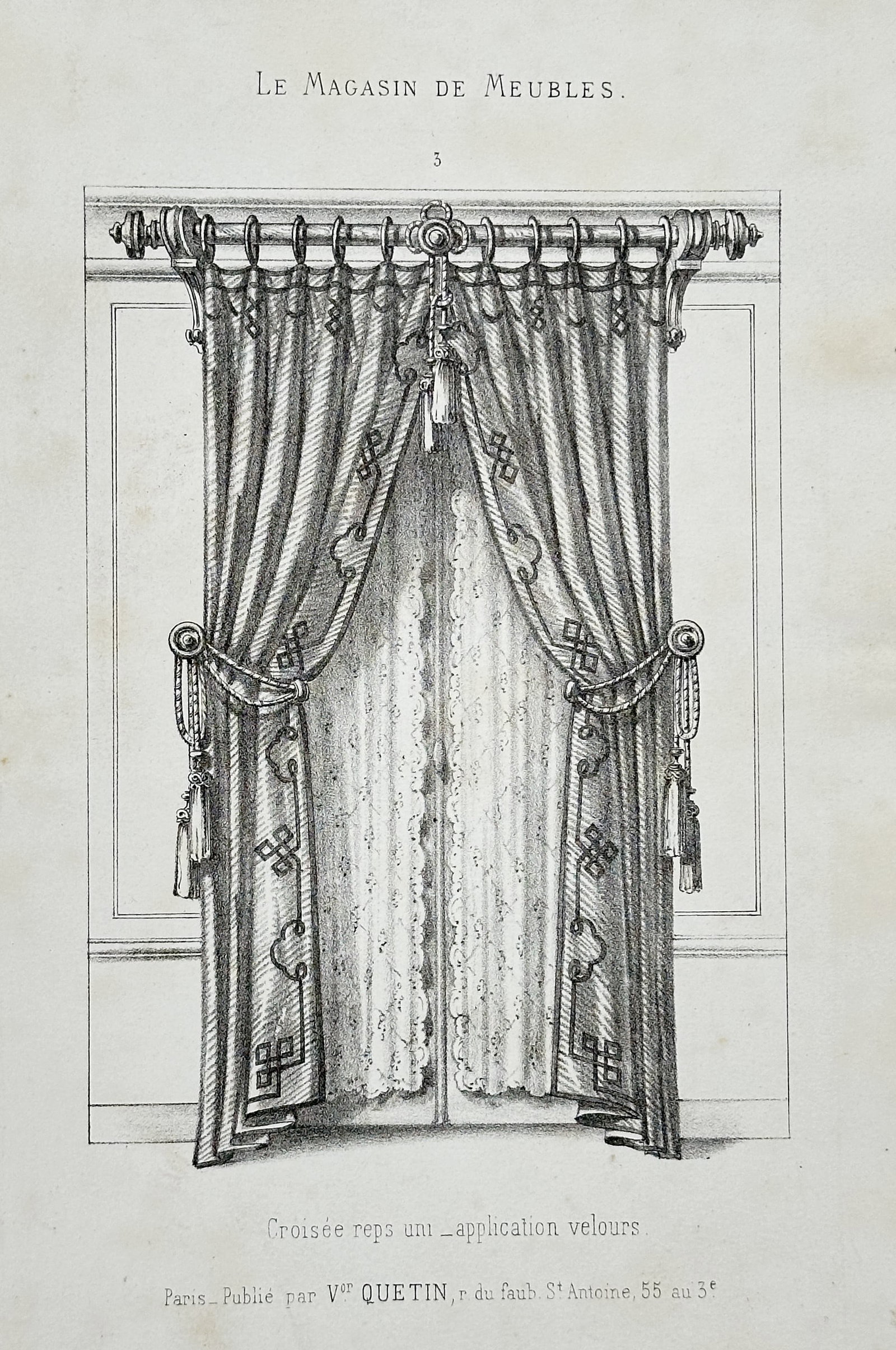 Victor Quetin – Window Dressing with Velvet Application – Lithograph (c. 1860): This lithograph depicts a design for an elaborate window dressing, published in the periodical Le Magasin de Meubles. Victor Quetin was a French designer and publisher active in Paris, known for his i