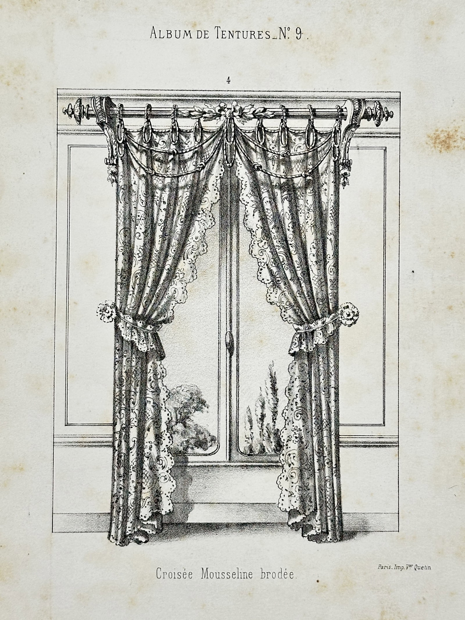 Veuve Quetin – Album of Hangings: Embroidered Muslin Window – Lithograph (c. 1860): This lithograph depicts a design for an embroidered muslin window dressing, published in the Album de Tentures. Veuve Quetin was a Parisian publisher active in the mid-19th century, known for publishi