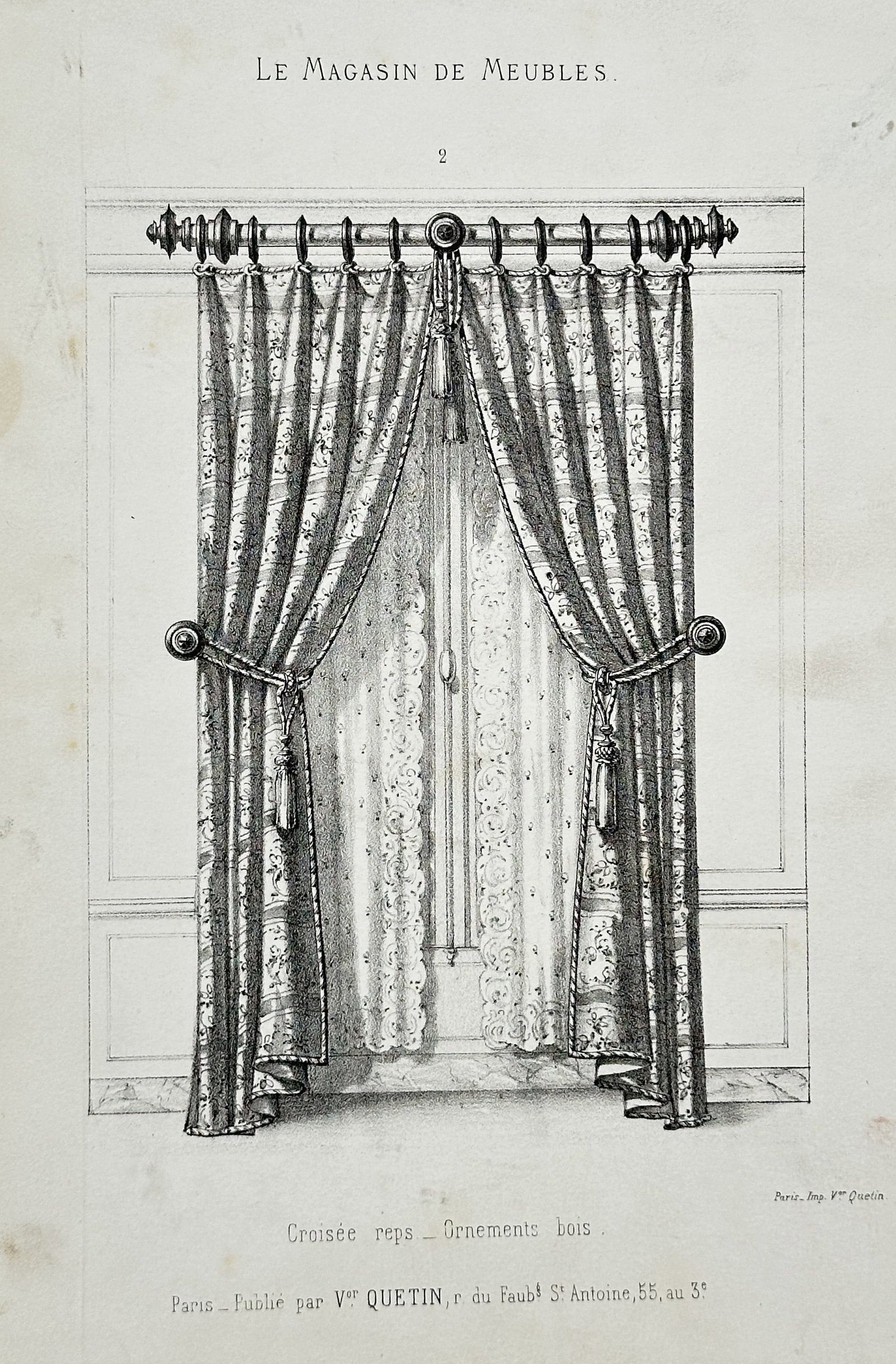 Veuve Quetin – Window Dressing in Reps with Wood Hardware – Lithograph (c. 1860): This lithograph depicts a design for a window dressing in reps fabric with wood hardware, published in the periodical Le Magasin de Meubles. Veuve Quetin was a Parisian publisher active in the mid-19t