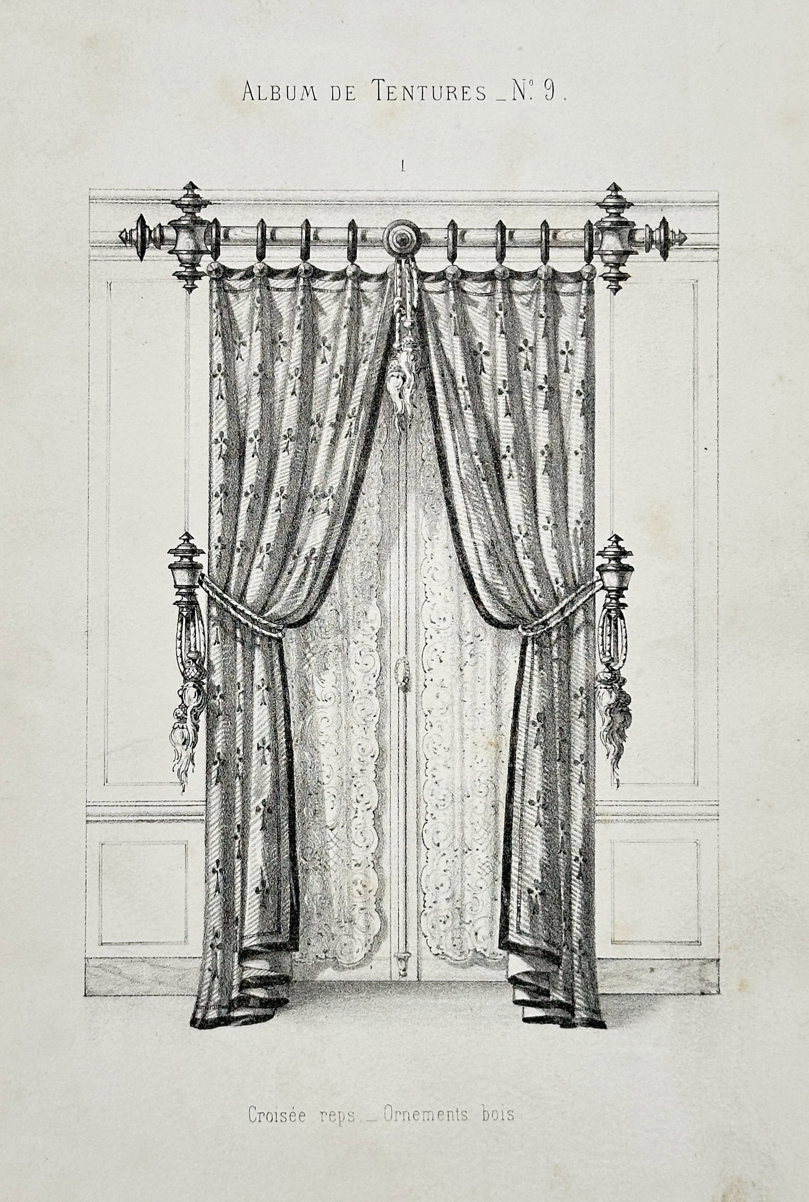 Veuve Quetin – Album of Hangings: Reps Window Dressing with Wood Ornaments – Lithograph (c.: This lithograph depicts a design for a window dressing in reps fabric with wood ornaments, published in the Album de Tentures. Veuve Quetin was a Parisian publisher active in the mid-19th century, kno