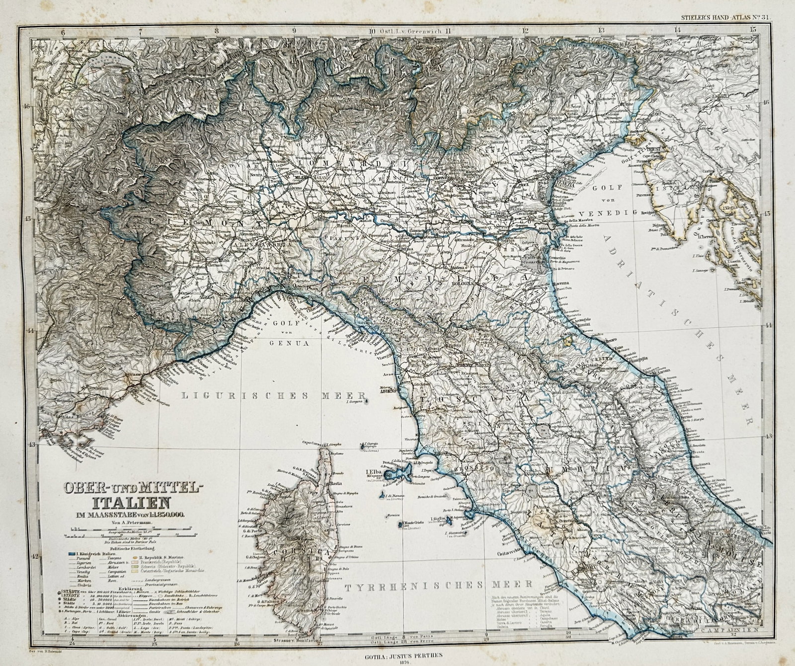 Adolf Stieler, after – Map of Upper and Middle Italy – Steel engraving with hand coloring (1875): This steel engraving with hand coloring is a detailed map of Upper and Middle Italy, published in a 1875 edition of the "Stielers Hand-Atlas". Adolf Stieler was a German cartographer and lawyer, best 
