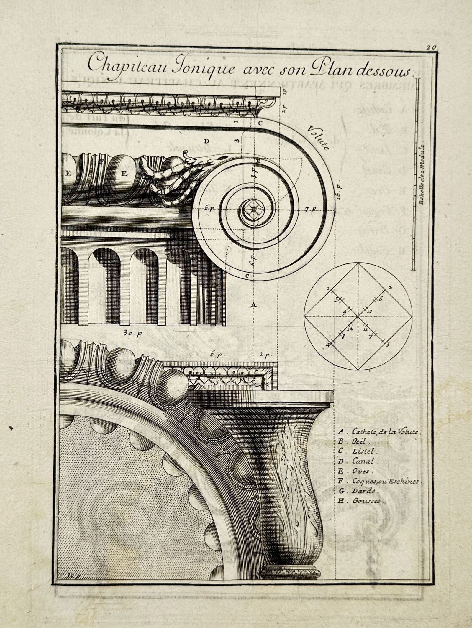 Giacomo Barozzi da Vignol, after – Ionic Capital with its Plan Below – Engraving (c. 1747) (1 of 2)