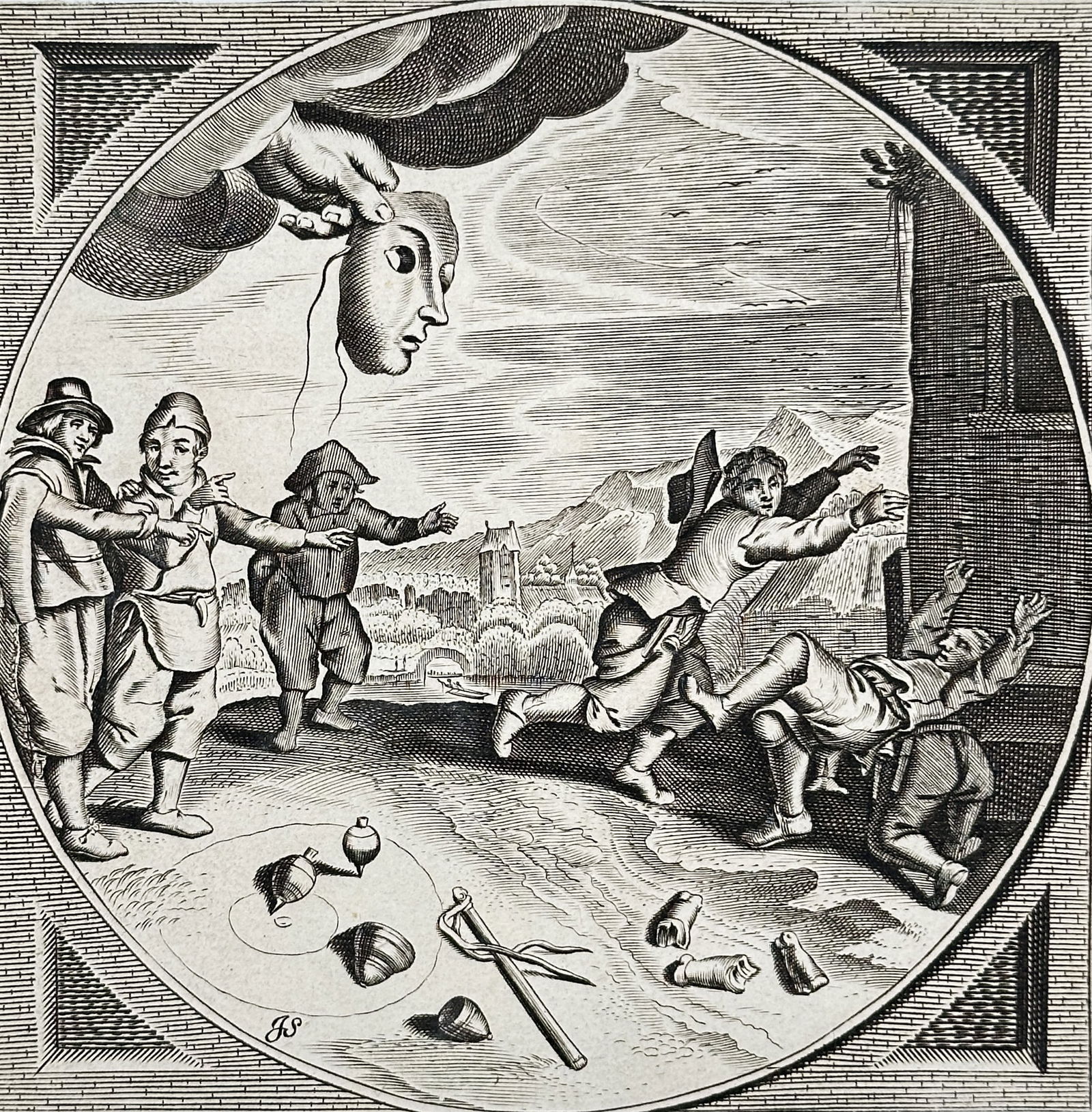 Jacob Cats (1577–1660) – Mask of Fortune (from an Emblem Book) – Engraving (1 of 2)
