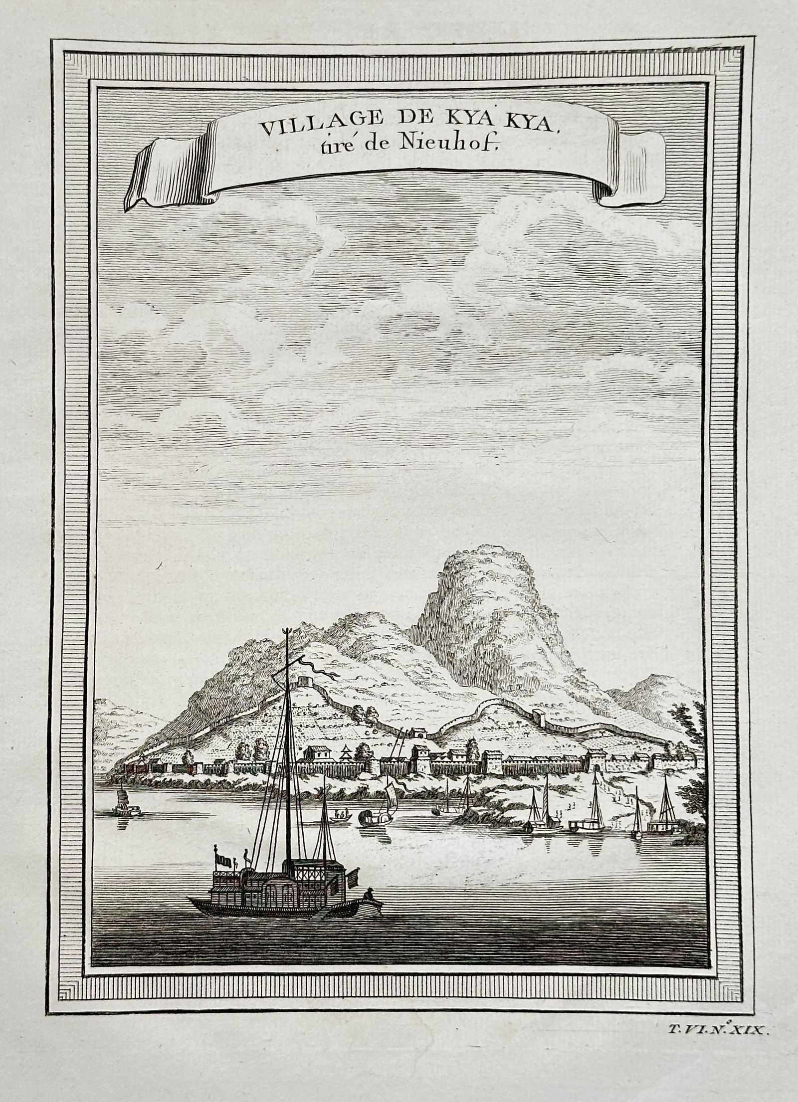 Antoine François Prévost – Village of Kya Kya – Engraving (circa 1750): This engraving is a detailed topographical illustration titled Village de Kya Kya, tiré de Nieuhof (Village of Kya Kya, taken from Nieuhof). The scene depicts a coastal village, in China or Southeast