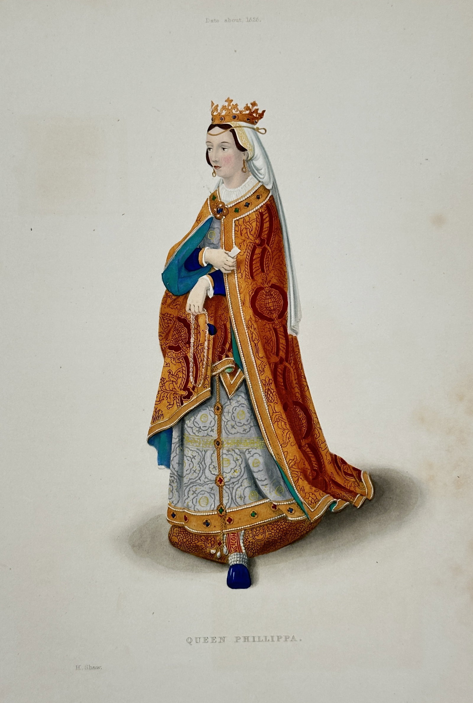 Henry Shaw – Queen Philippa – Hand-colored engraving (circa 1833–1843): This print is a detailed illustration of Queen Philippa (Philippa of Hainault, wife of Edward III of England), based on a historical effigy or contemporary artwork dated circa 1369. The Queen is depic