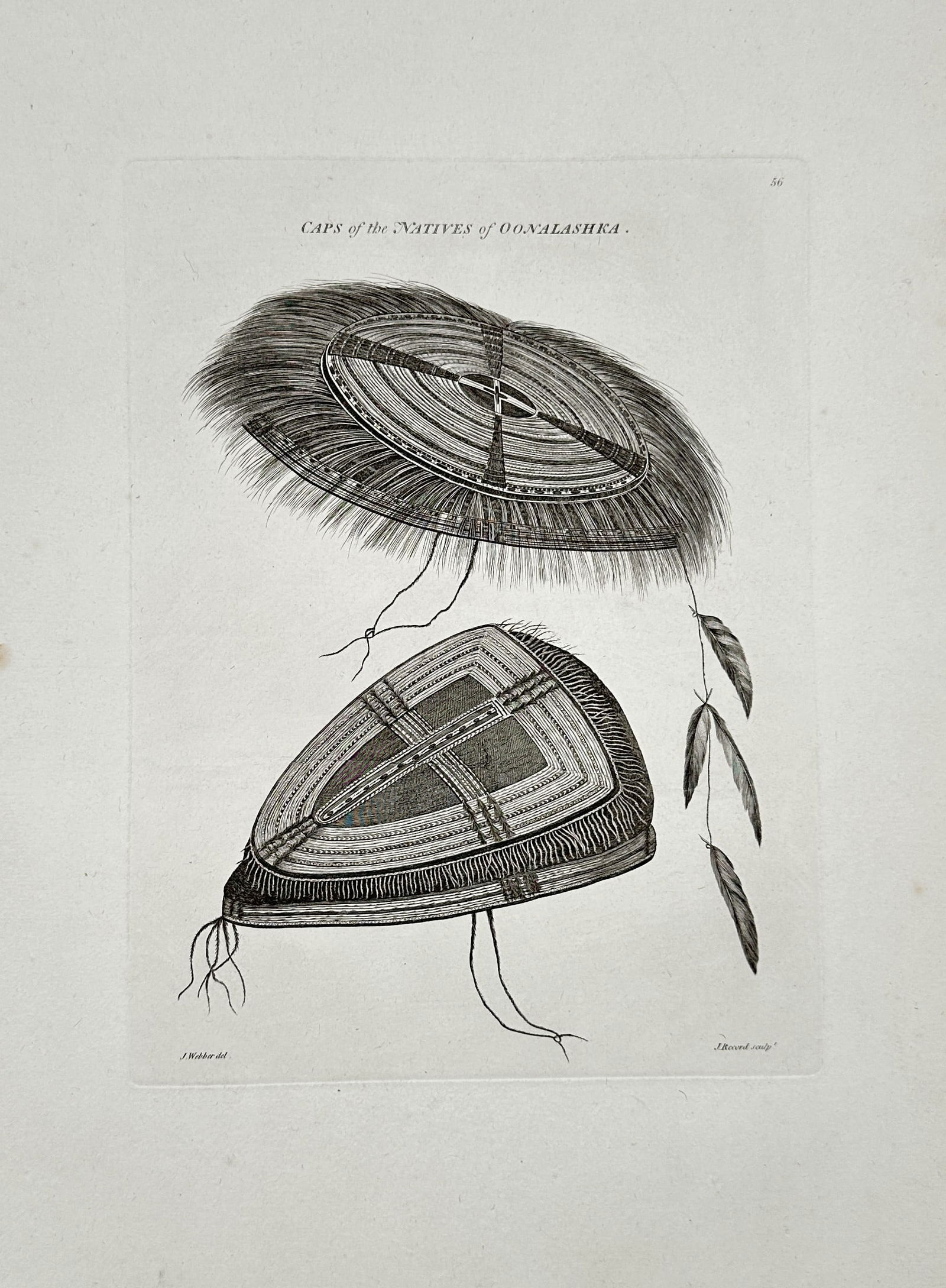 John Webber (1751–1793) – Caps of the Natives of Oonalashka – Engraving (1784–1788): This engraving is a detailed ethnographic illustration titled Caps of the Natives of Oonalashka (Unalaska). The print depicts two examples of elaborate Aleut woven hats or visors, showcasing their com