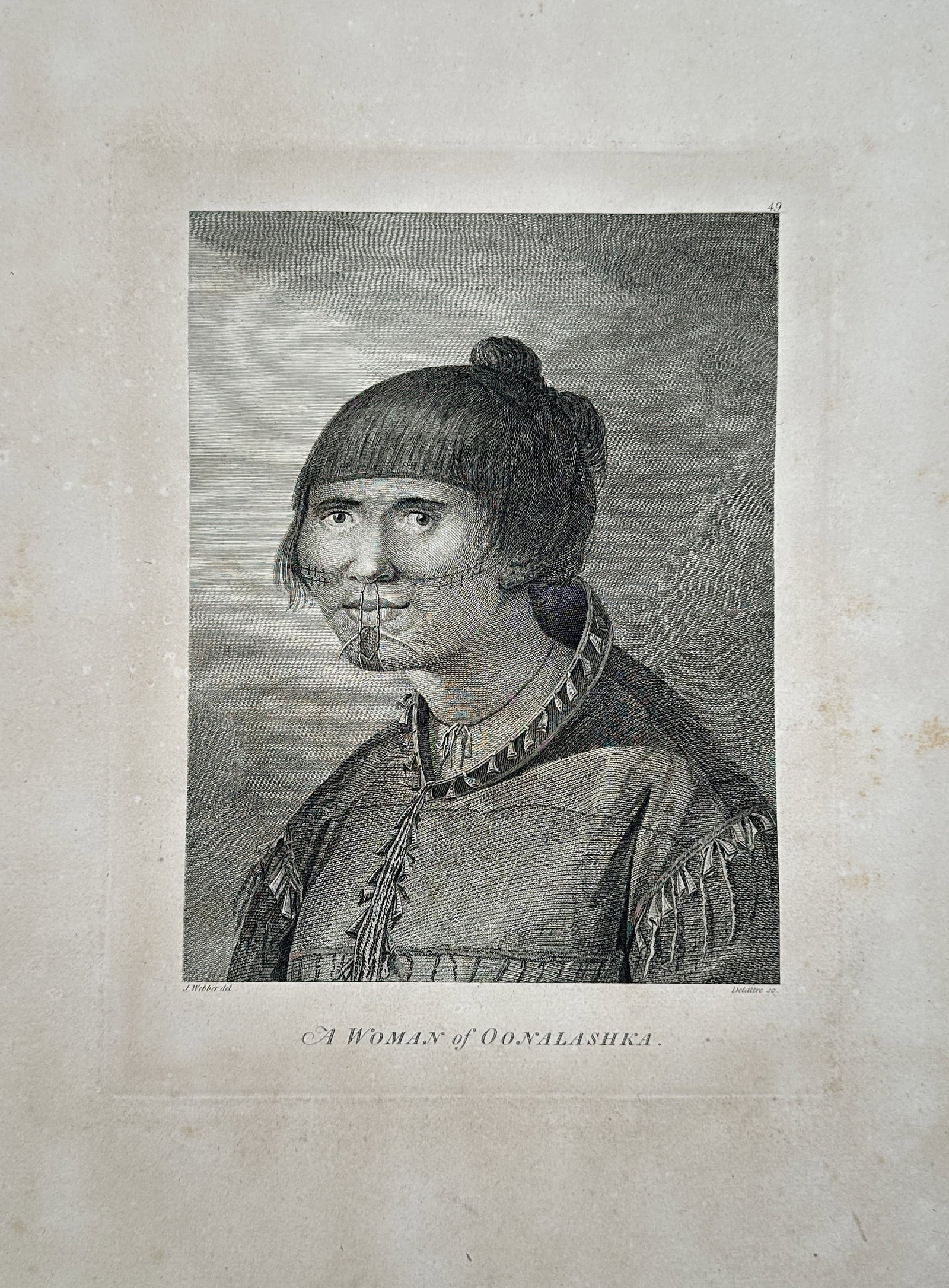 John Webber (1751–1793) – A Woman of Oonalashka – Engraving (1784–1788): This engraving is a detailed ethnographic portrait titled A Woman of Oonalashka (Unalaska). It depicts a female Indigenous person, Aleut, from Unalaska Island in the Aleutian chain, Alaska. The subjec