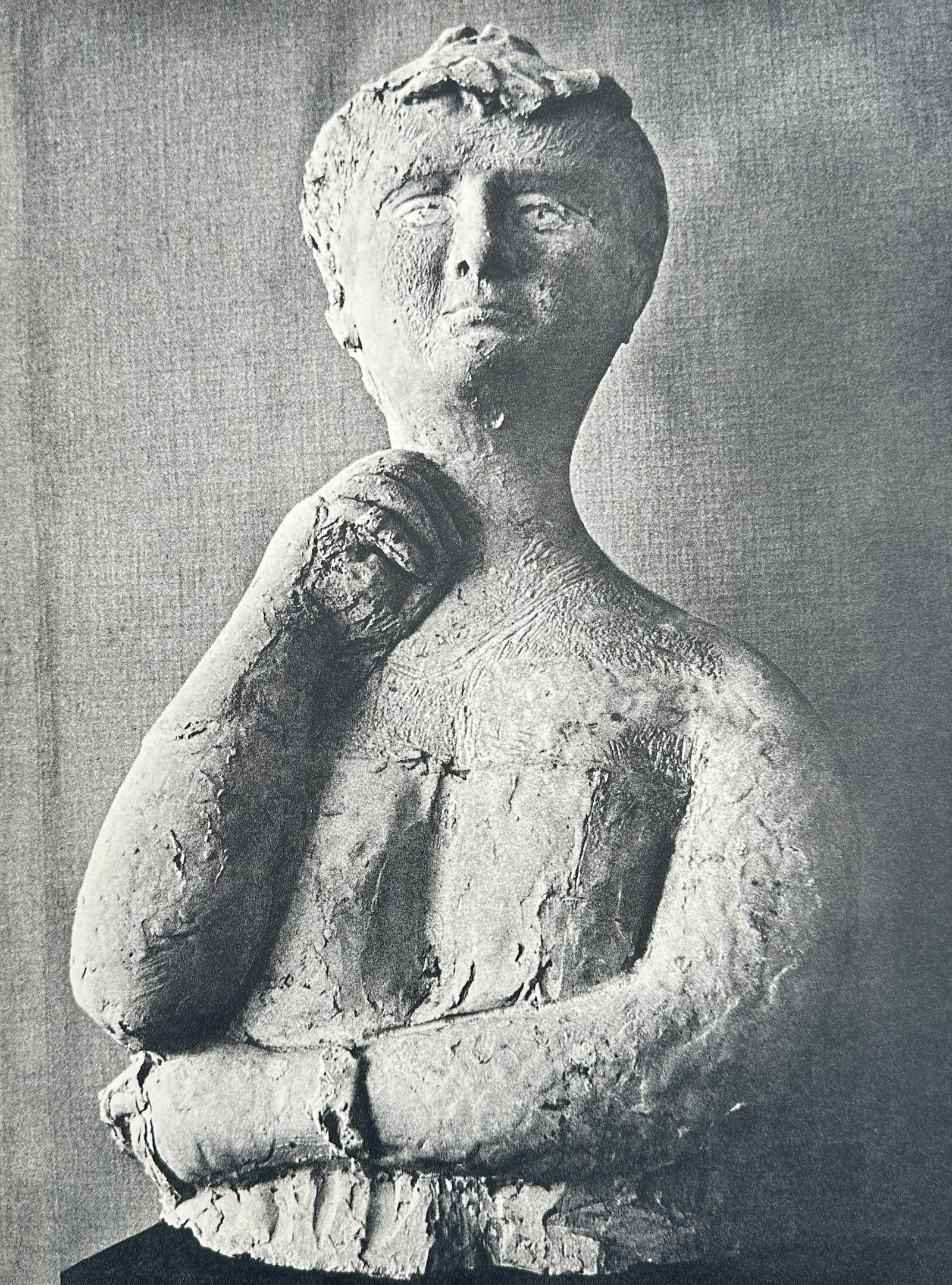 Marino Marini (1901–1980) – Portrait Bust – Halftone Print (20th Century): This halftone print is a black and white reproduction of a portrait bust by Marino Marini, typically referred to as a "Pomona" or a study of a female form. The sculpture exhibits a rough, heavily text