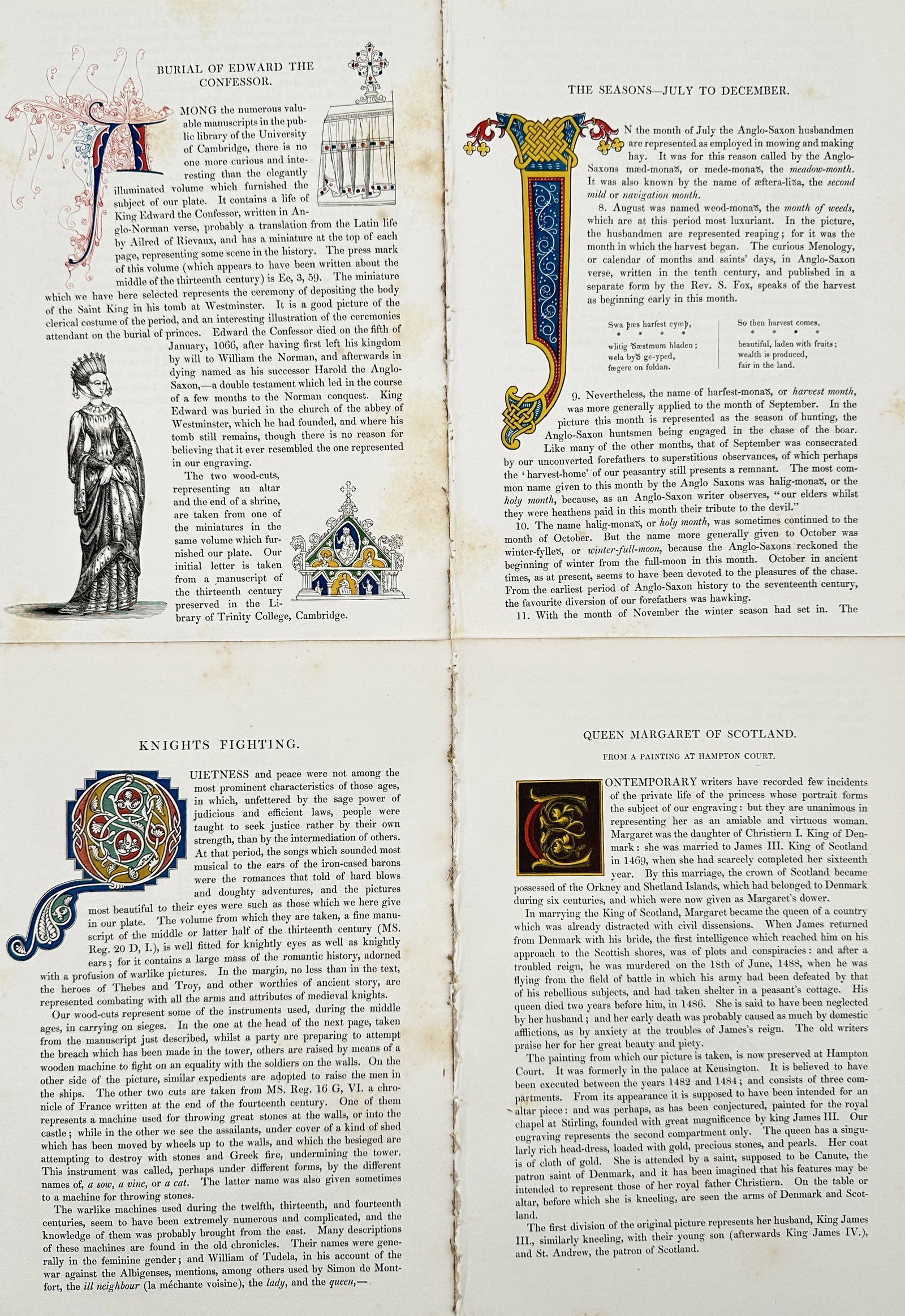 Henry Shaw (1800–1873) – Set of 4: Illuminated Titles and Text from Dresses of the Middle Ages: This set of four chromolithographs and accompanying text leaves originates from Henry Shaw's seminal work on medieval art and dress, featuring richly illuminated initial letters and decorative borders