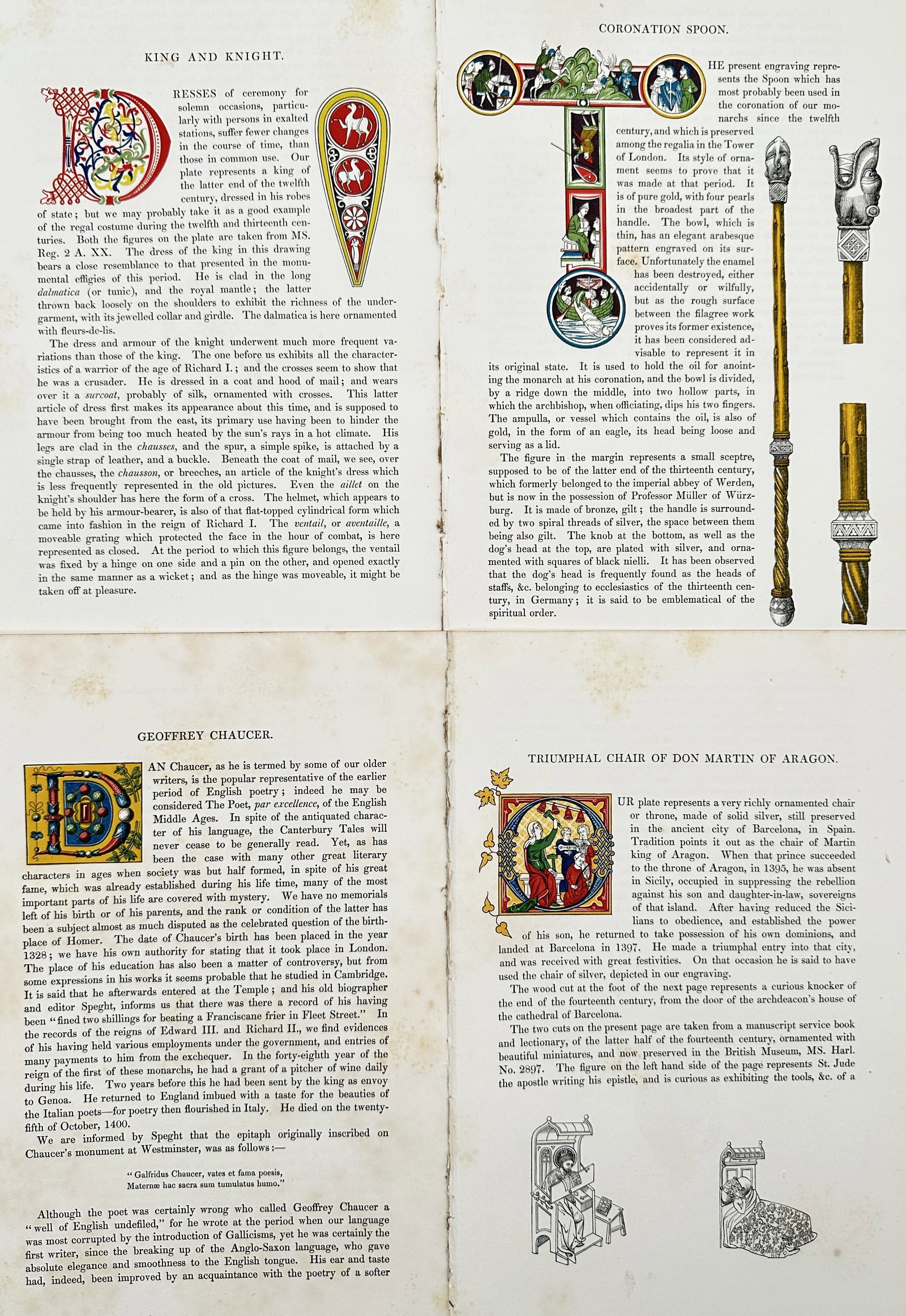 Henry Shaw (1800–1873) – Set of 4: Illuminated Titles and Decorations of the Middle Ages: This set of four chromolithographs and accompanying text leaves originates from Henry Shaw's seminal work on medieval art and dress, featuring richly illuminated initial letters and decorative borders