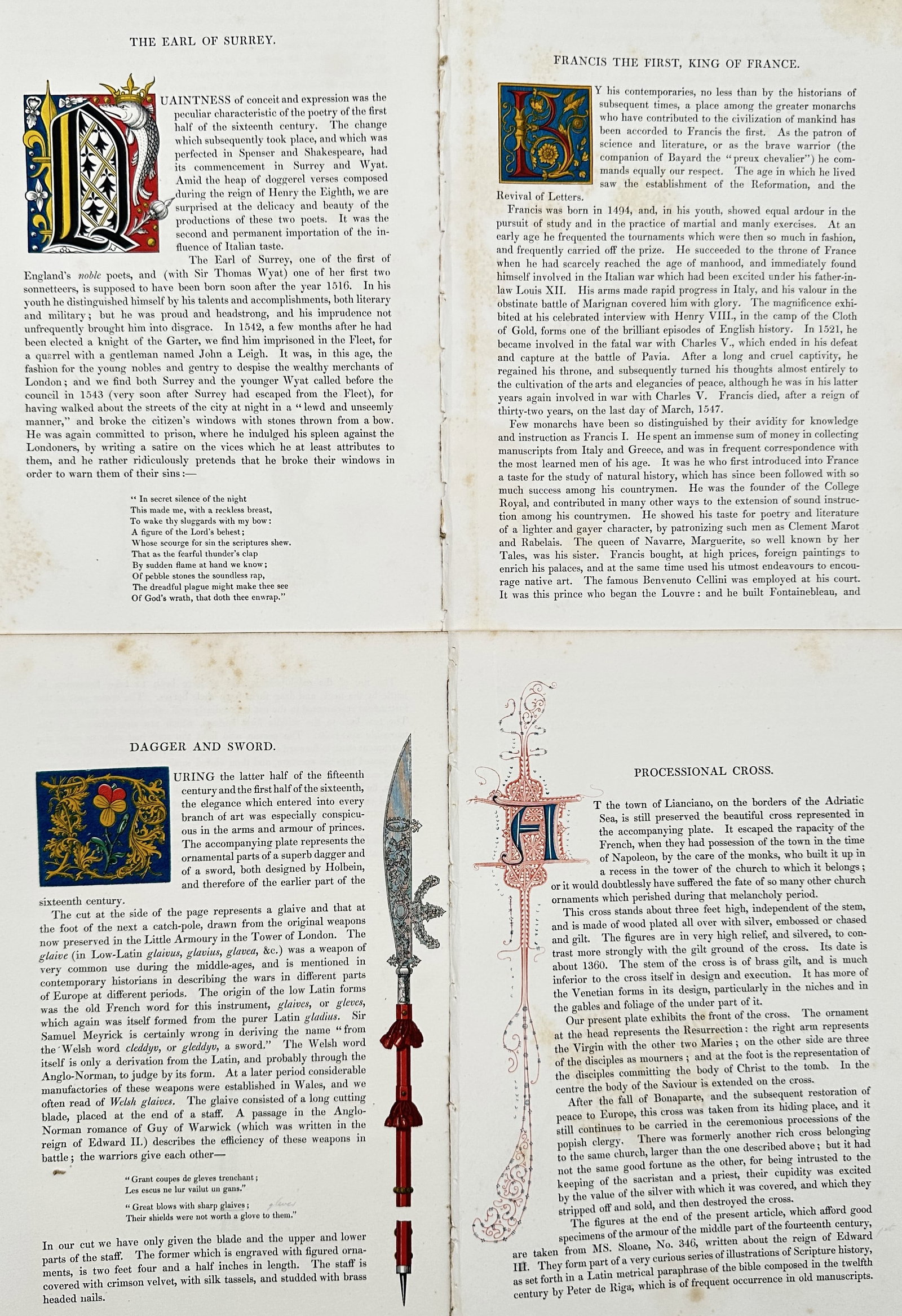 Henry Shaw (1800–1873) – Set of 4: Decorative Borders Alongside Historical Descriptions: This set of four chromolithographs and accompanying text leaves originates from Henry Shaw's seminal work on medieval art and dress, featuring richly illuminated initial letters and decorative borders