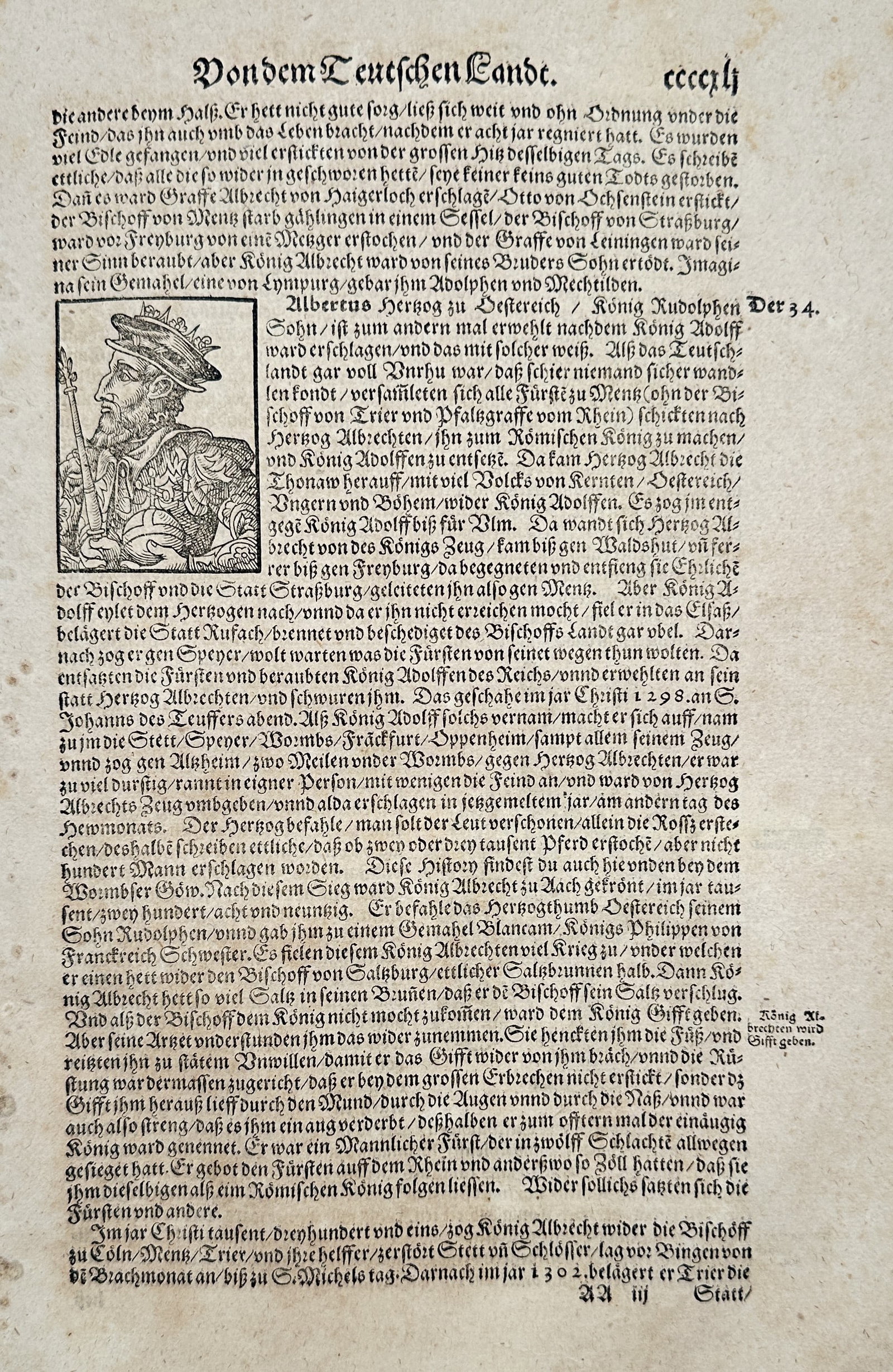 Sebastian Münster (1488–1552) – Of the German Land (Germany) – Woodcut: This leaf from Sebastian Münster's major work, the Cosmographia, features extensive letterpress text in German, titled Von dem Teutschen Lande (Of the German Land), detailing historical and political