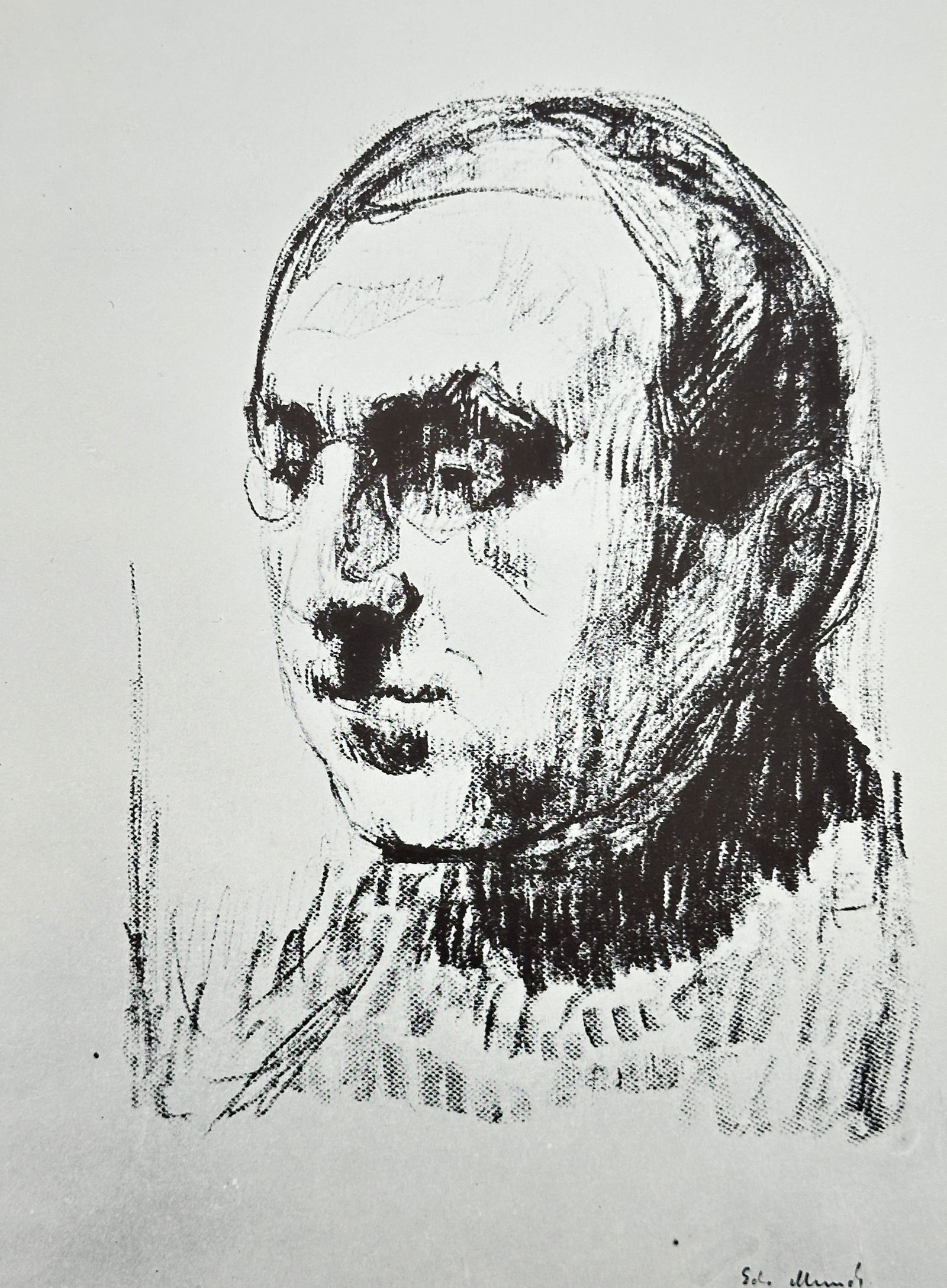 Edvard Munch (1863–1944) – Portrait Head – Offset print (20th Century): This offset print is a black and white illustration of an expressive drawing or lithograph by Edvard Munch, depicting the portrait head of a middle-aged man. The head is rendered with heavy, energetic