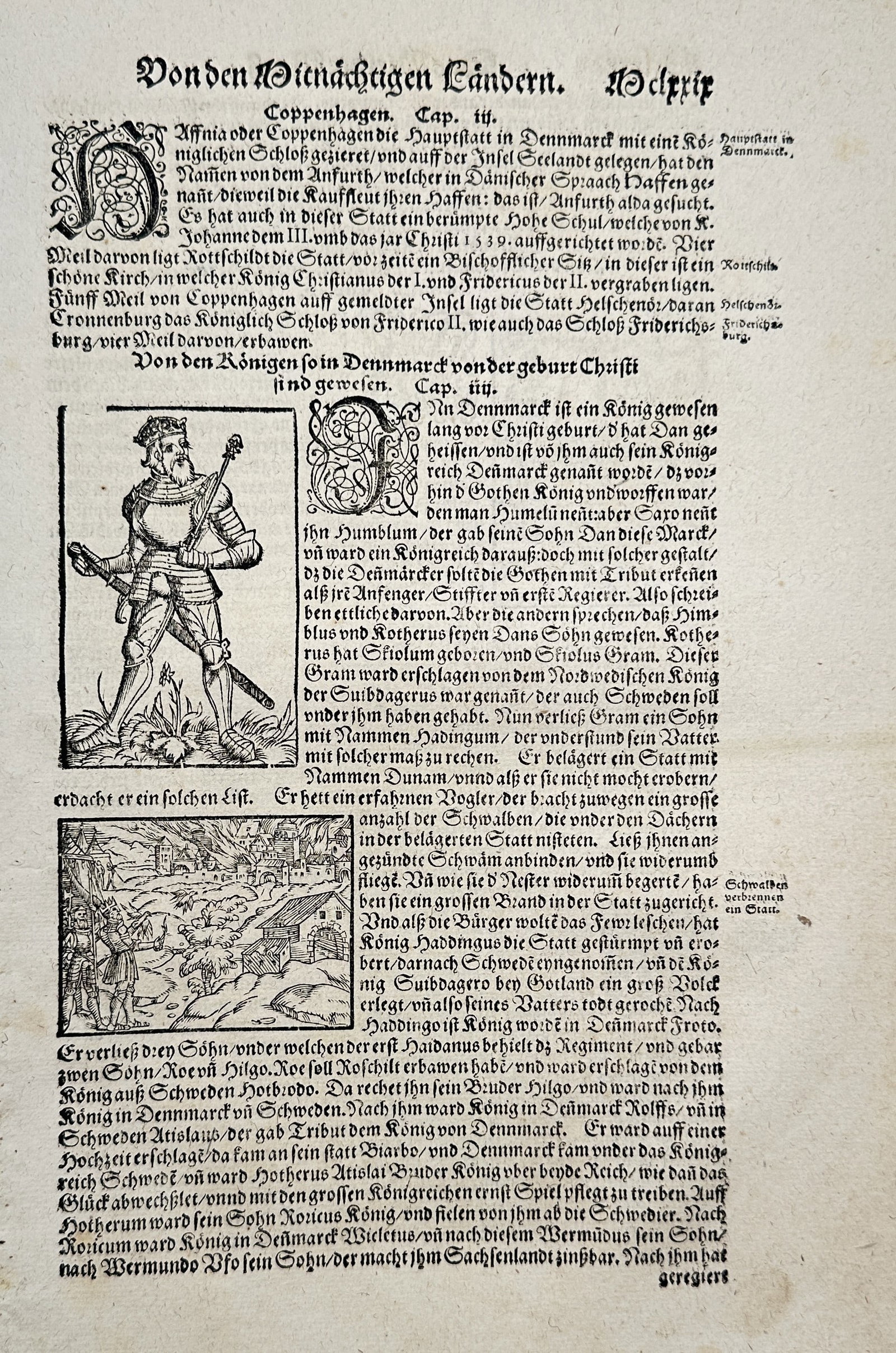 Sebastian Münster (1488–1552) – Of the Kings of Denmark since the Birth of Christ – Woodcut: This woodcut and letterpress text leaf from Sebastian Münster's monumental work, the Cosmographia, features extensive letterpress text in German, titled Von den Königen in Dennmarck von der geburt C