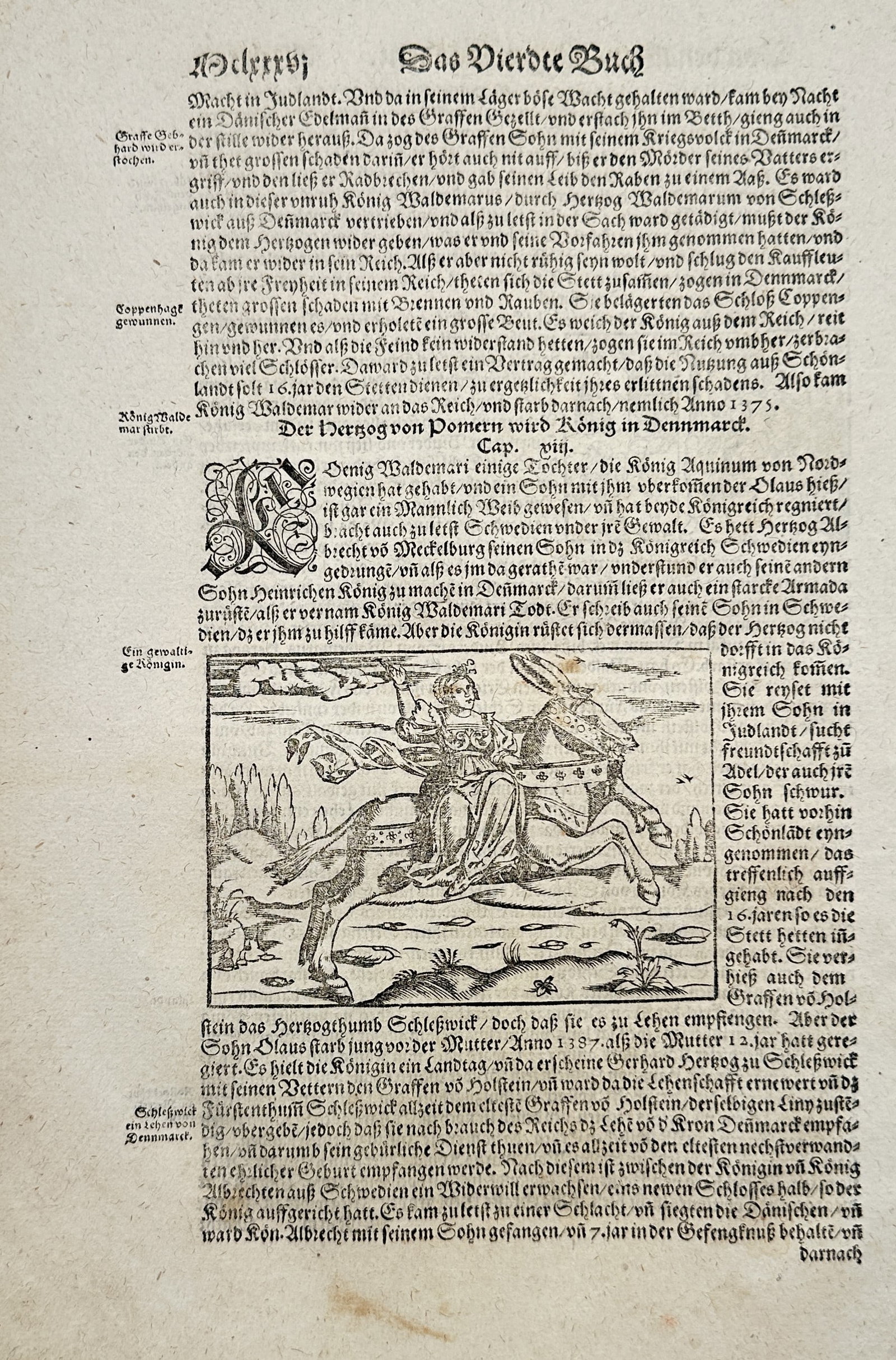 Sebastian Münster (1488–1552) – Portrait of Queen Waldemari Riding – Woodcut: This woodcut and letterpress text leaf from Sebastian Münster's monumental work, the Cosmographia, features extensive letterpress text in German, titled Das Drittee Buch (The Third Book), discussing 