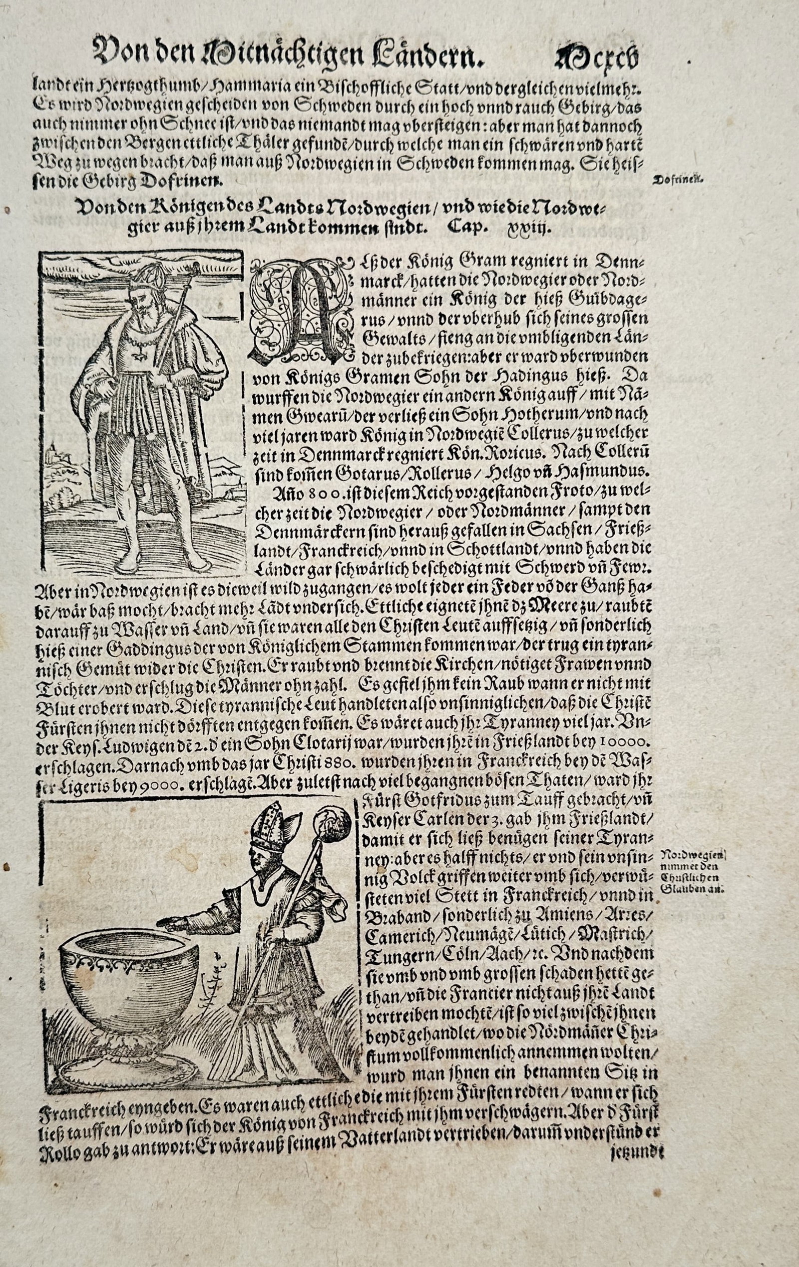Sebastian Münster (1488–1552) – Ruler and Woman Brewing – Woodcut and Letterpress Text: This woodcut and letterpress text leaf from Sebastian Münster's monumental work, the Cosmographia, features extensive letterpress text in German, titled Von den Königreichen Norden (Of the Kingdoms 