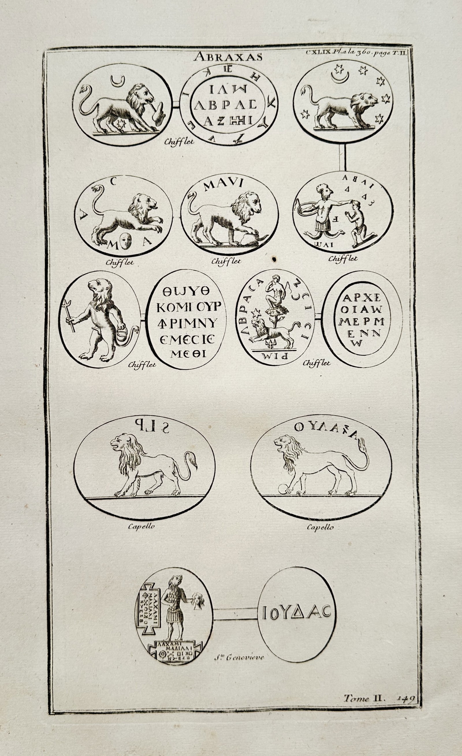 Bernard de Montfaucon (1655–1741) – Abraxas – Copper engraving (1719): This copper engraving illustrates various Gnostic amulets and symbols related to the deity Abraxas, featuring lion motifs, published in the work Antiquity Explained and Represented in Figures. Bernard
