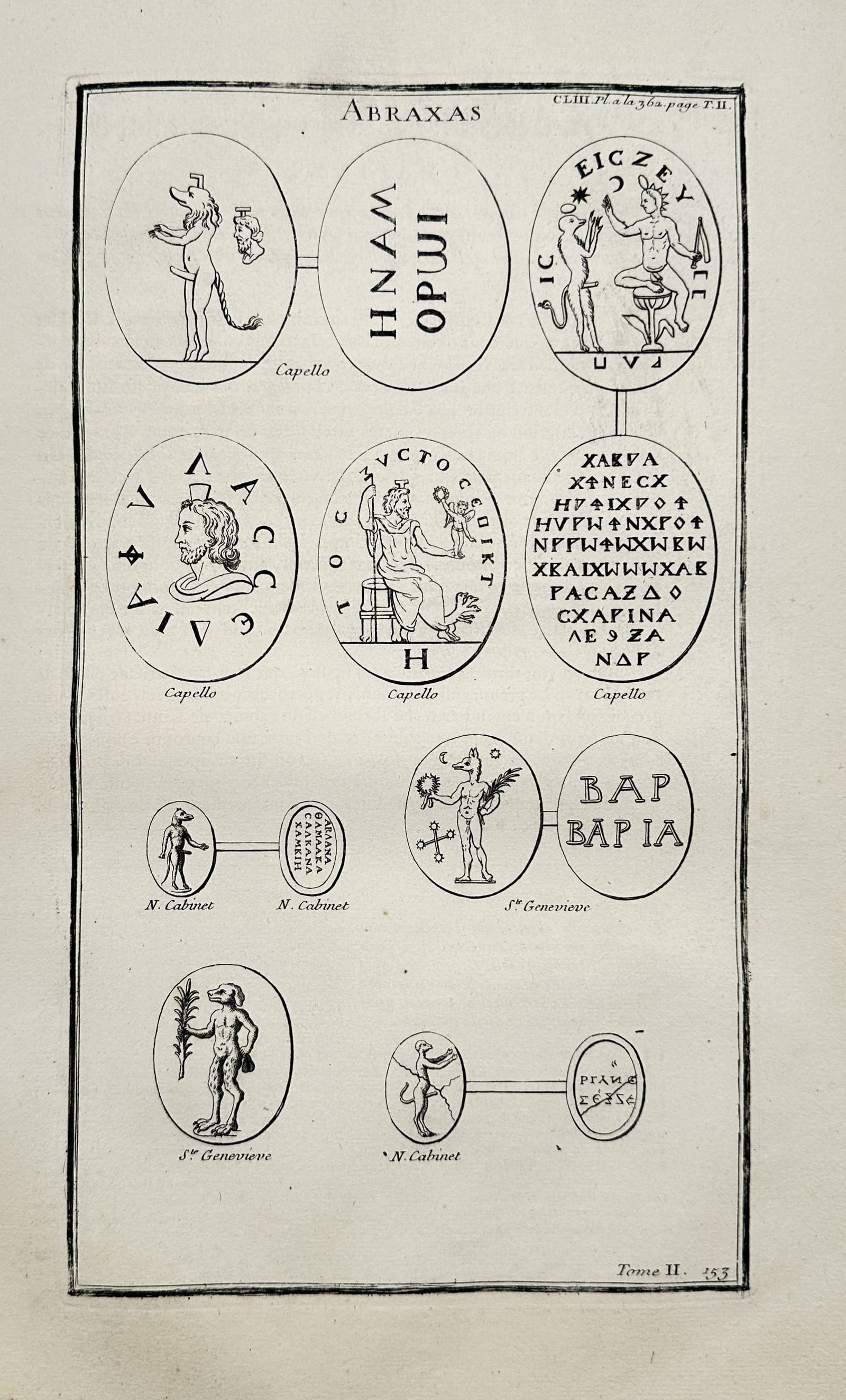 Bernard de Montfaucon (1655–1741) – Abraxas – Copper engraving (1719): This copper engraving illustrates various Gnostic amulets and symbols related to the deity Abraxas, published in the work Antiquity Explained and Represented in Figures. Bernard de Montfaucon was a Fr