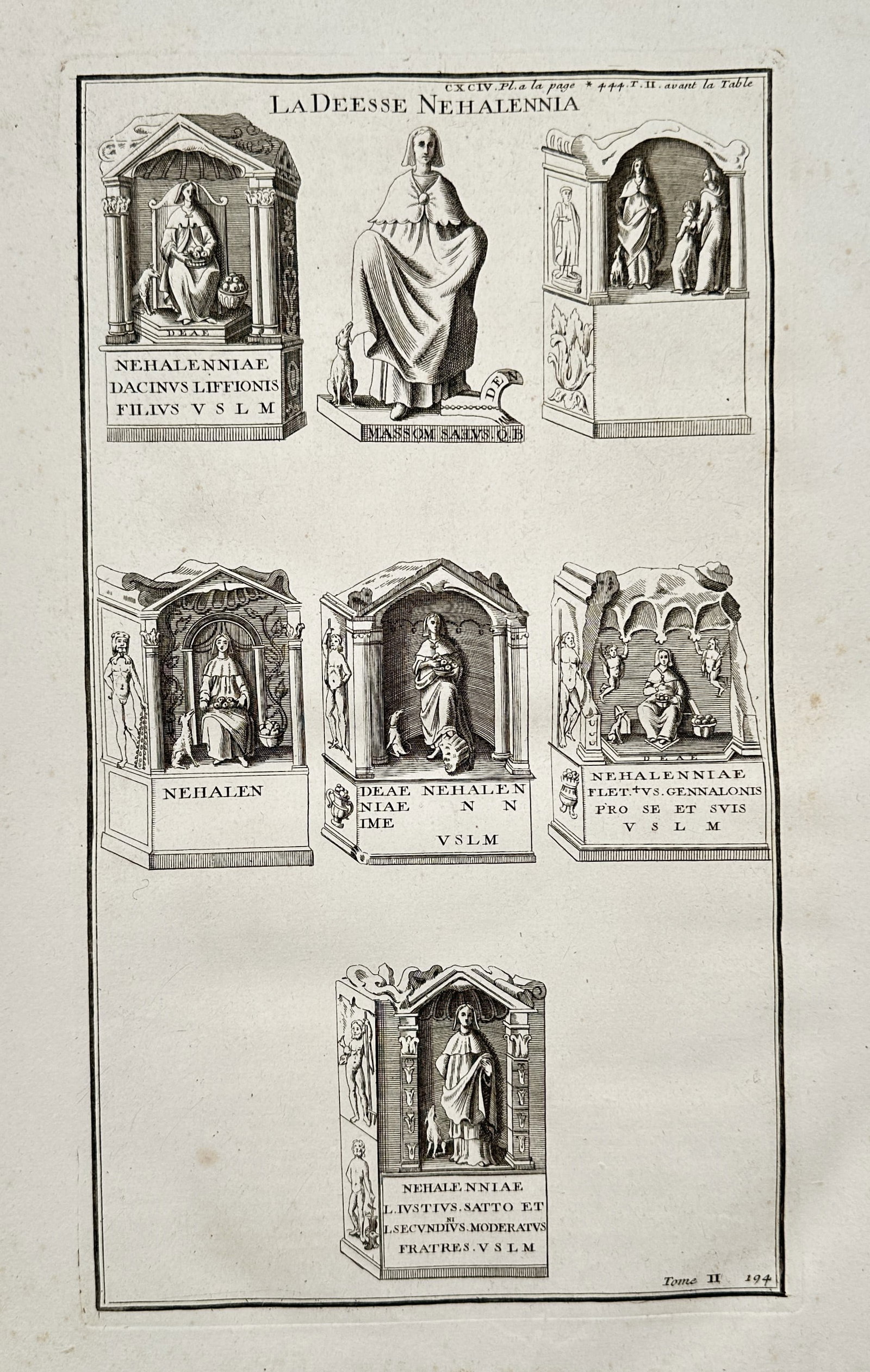 Bernard de Montfaucon (1655–1741) – The Goddess Nehalennia – Copper engraving (1719): This copper engraving depicts several monuments dedicated to the goddess Nehalennia, published in the work Antiquity Explained and Represented in Figures. Bernard de Montfaucon was a French Benedictin