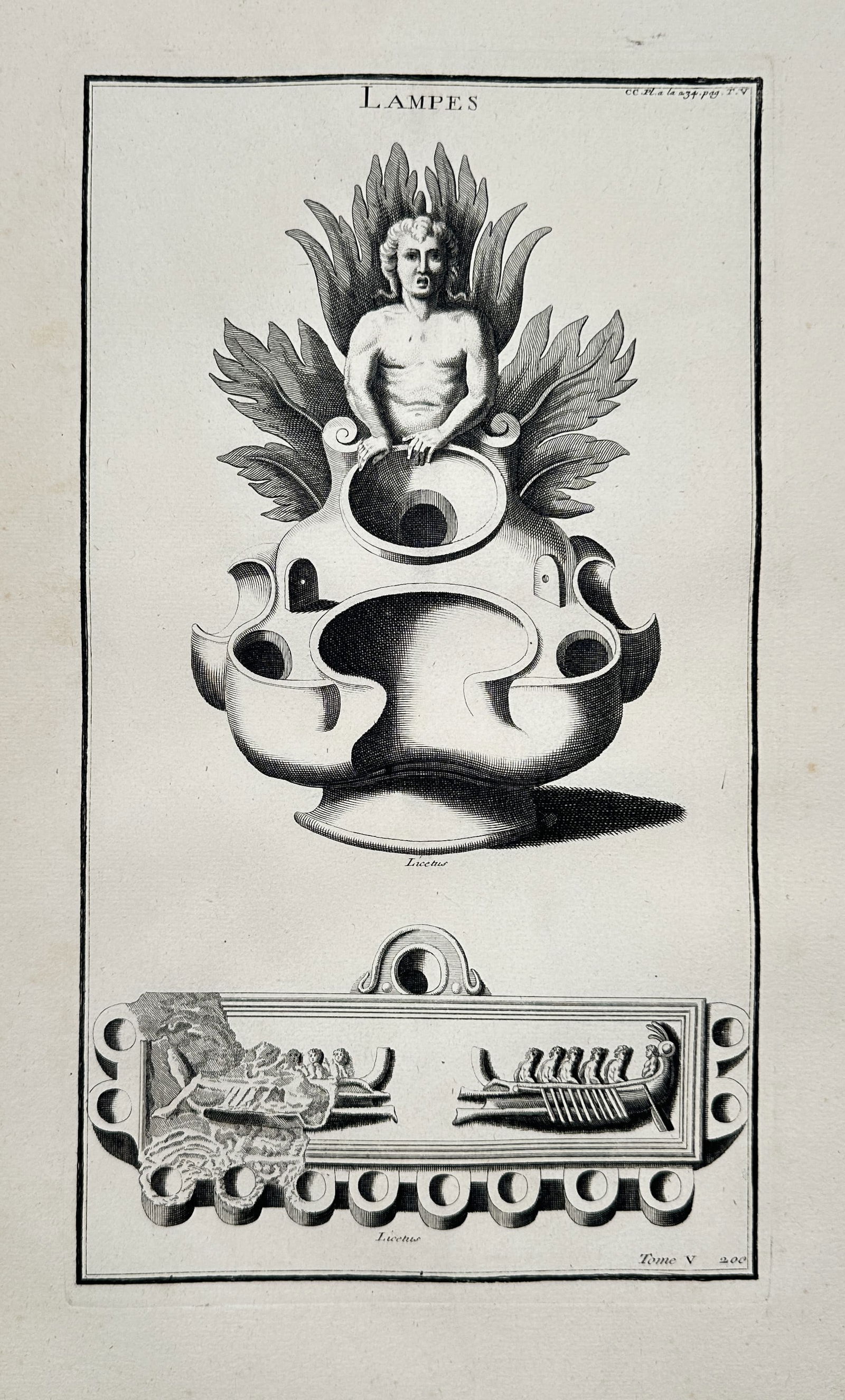 Bernard de Montfaucon (1655–1741) – Lamps – Copper engraving (1719): This copper engraving depicts ornate ancient oil lamps, published in the work Antiquity Explained and Represented in Figures. Bernard de Montfaucon was a French Benedictine monk, scholar, and antiquar
