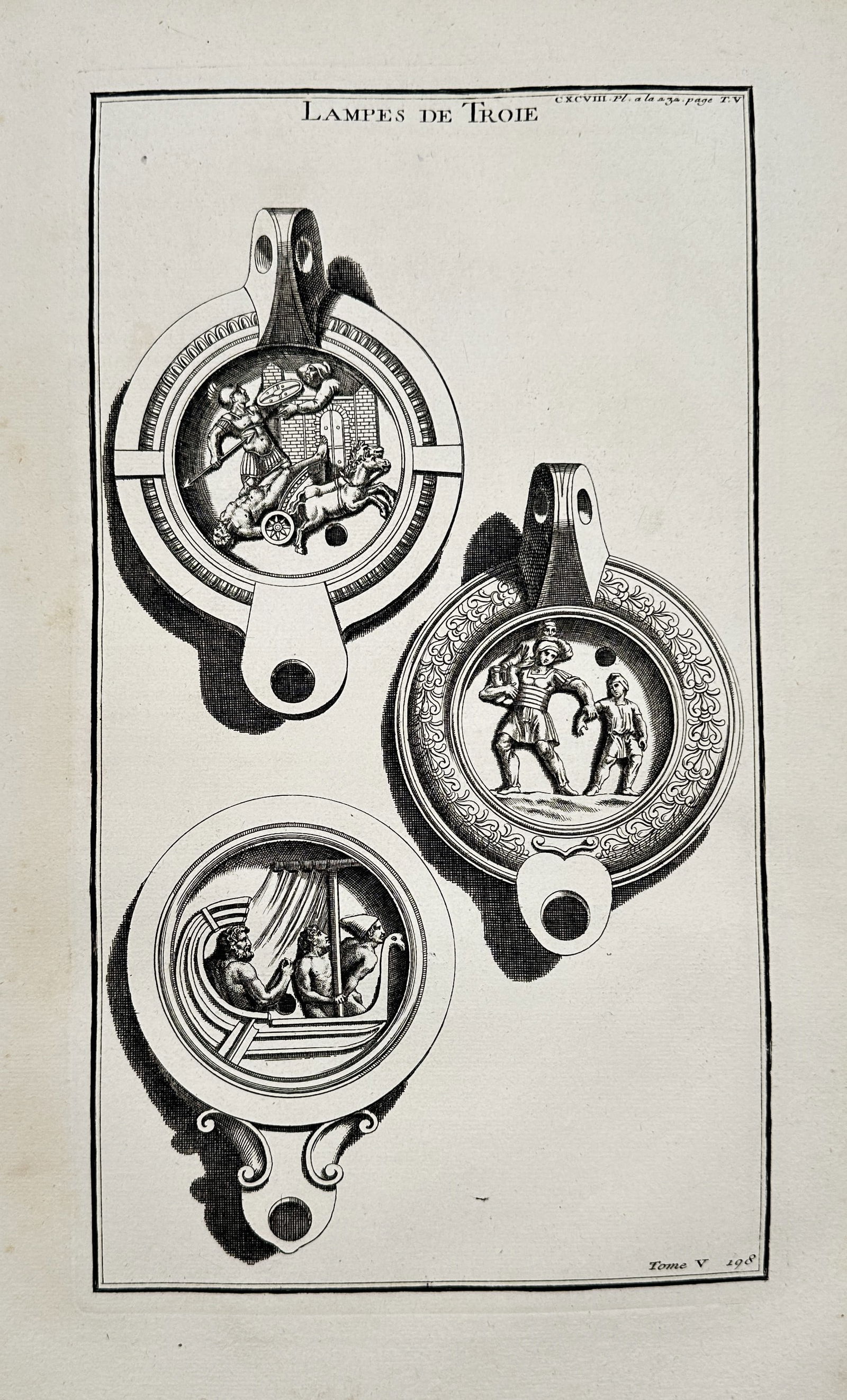 Bernard de Montfaucon (1655–1741) – Lamps of Troy – Copper engraving (1719) (1 of 2)