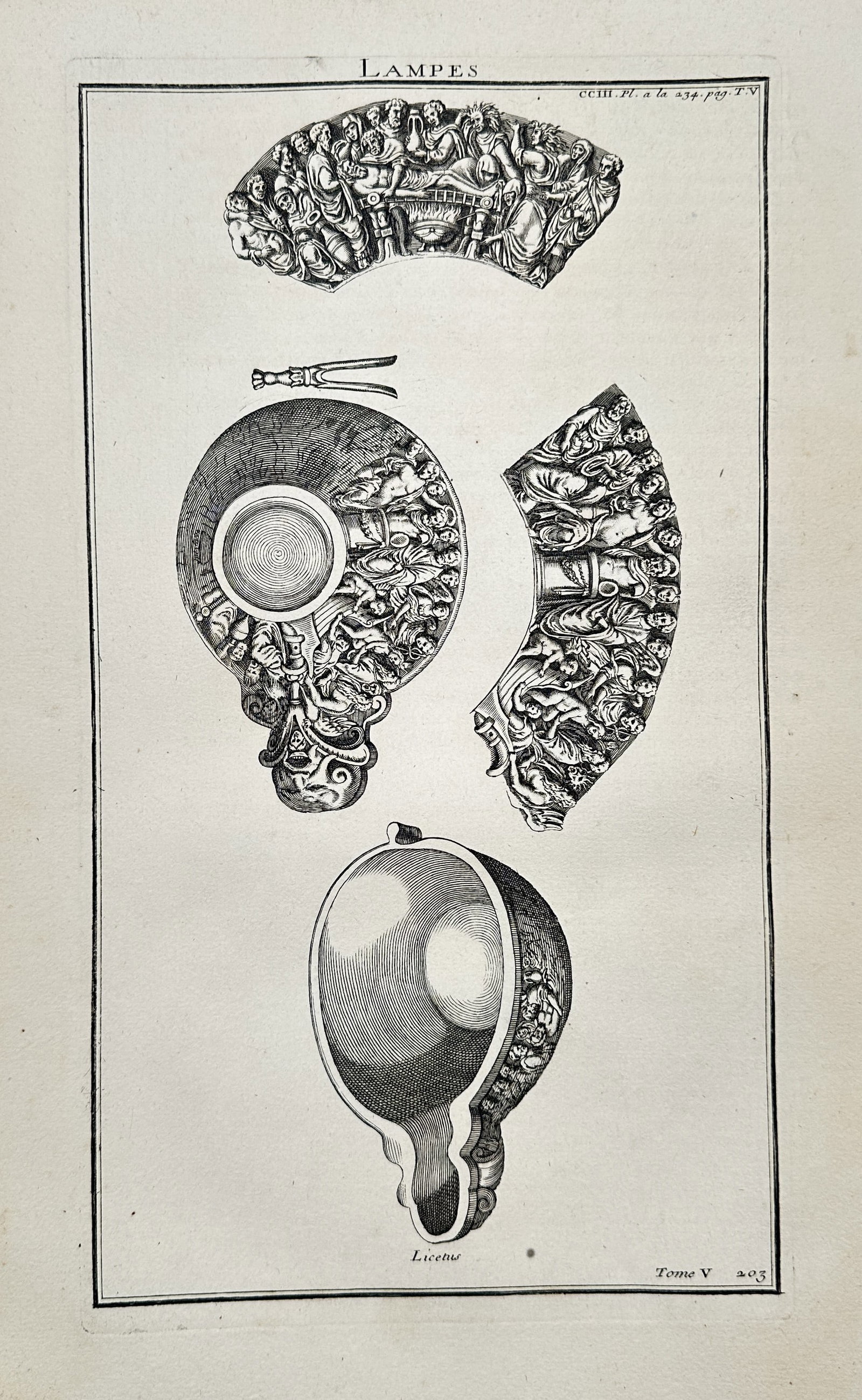 Bernard de Montfaucon (1655–1741) – Lamps – Copper engraving (1719): This copper engraving depicts ornate ancient oil lamps, published in the work Antiquity Explained and Represented in Figures. Bernard de Montfaucon was a French Benedictine monk, scholar, and antiquar