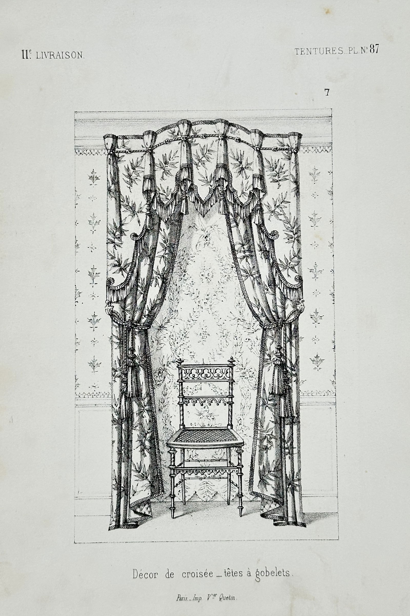 Veuve Quetin – Window Decoration with Goblet Heads, Hangings Plate 87 – Lithograph (c. 1860): This lithograph depicts a design for a window dressing, noted as "têtes à gobelets", published as Plate 87 of a "Tentures" (Hangings) album. Veuve Quetin was a Parisian publisher active in the mid-1