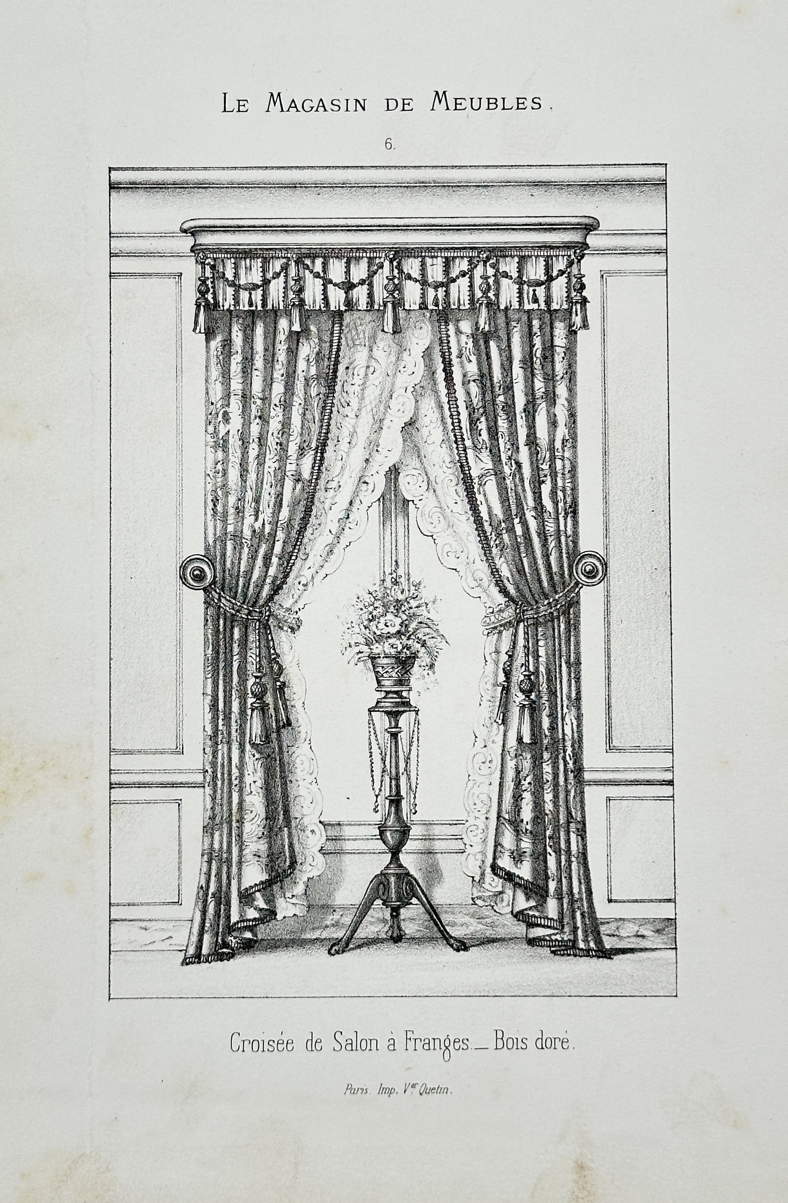 Veuve Quetin – Living Room Window Dressing with Fringes – Lithograph (c. 1860): This lithograph depicts a design for a living room window dressing with fringes and gilded wood hardware, published in the periodical Le Magasin de Meubles. Veuve Quetin was a Parisian publisher activ