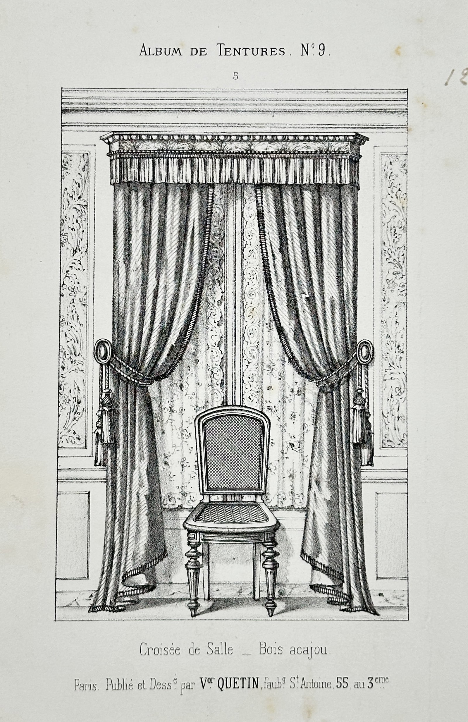Veuve Quetin – Album of Hangings: Room Window Dressing, Mahogany Wood – Lithograph: This lithograph depicts a design for a room window dressing with mahogany wood hardware, published in the Album de Tentures. Veuve Quetin was a Parisian publisher active in the mid-19th century, known