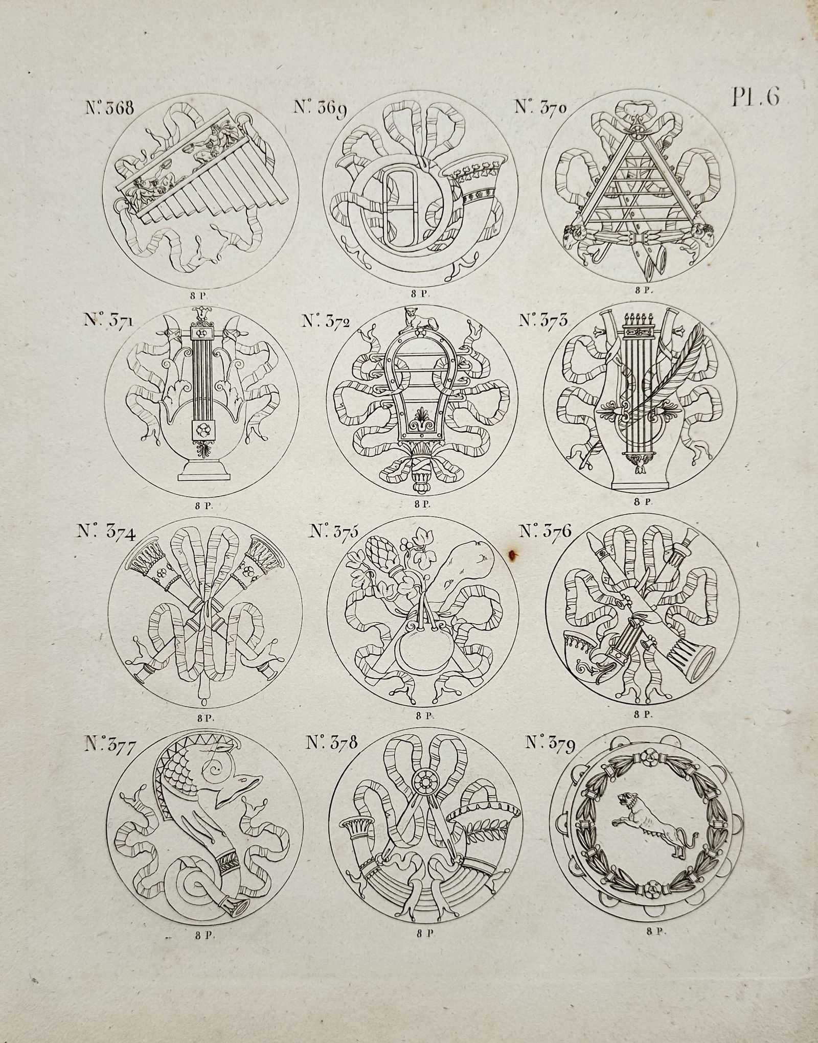 Charles-Pierre-Joseph Normand – Ornamental Designs with Instruments and Symbols, Plate 6: This copper engraving features twelve roundel designs incorporating musical instruments, classical mythology, and symbolic motifs, published in the "Recueil de décorations intérieures et extérieure