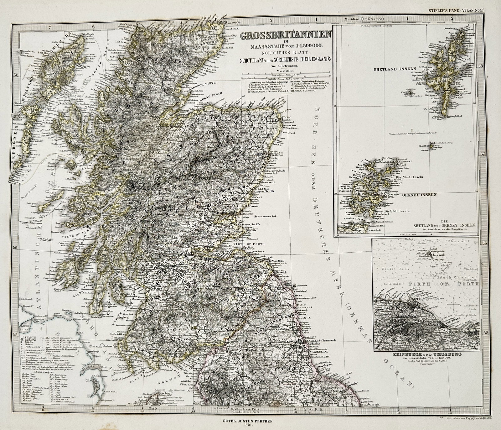 Adolf Stieler, after – Map of Scotland, Great Britain – Steel engraving with hand coloring: This steel engraving with hand coloring is a detailed map of Scotland, featuring insets of the Shetland and Orkney Islands, published in a 1875 edition of the "Stielers Hand-Atlas". Adolf Stieler was 