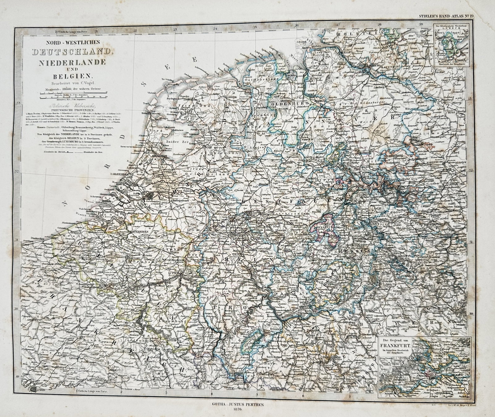 Adolf Stieler, after – Map of North-Western Germany, Netherlands, and Belgium: This steel engraving with hand coloring is a detailed map covering North-Western Germany, the Netherlands, and Belgium, published in a 1875 edition of the "Stielers Hand-Atlas". Adolf Stieler was a Ge