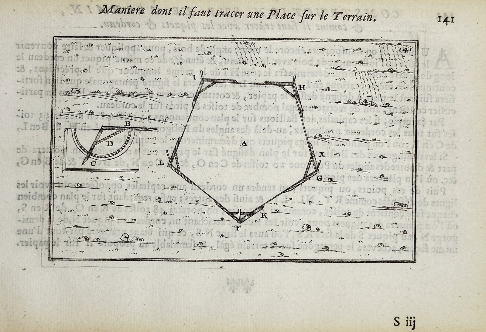 Pierre-Samuel Desprez de Saint-Savin – Method for Tracing a Fortification on the Ground: This engraving illustrates the geometrical method used by military engineers to lay out the plan for a fortification, shown here as a pentagonal figure, utilizing tools like the quadrant on the terrai