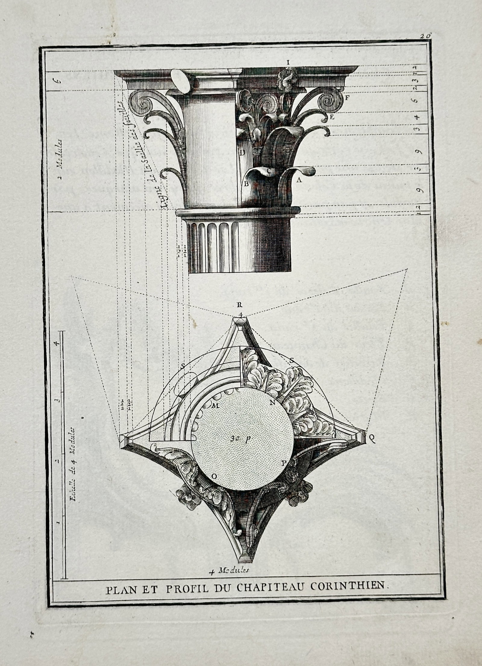 Giacomo Barozzi da Vignol, after – Plan and Profile of the Corinthian Capital – Engraving: This engraving provides a detailed, technical diagram of the Corinthian order, illustrating both the elevation (profile) and the overhead ground plan of the capital, complete with proportional measure